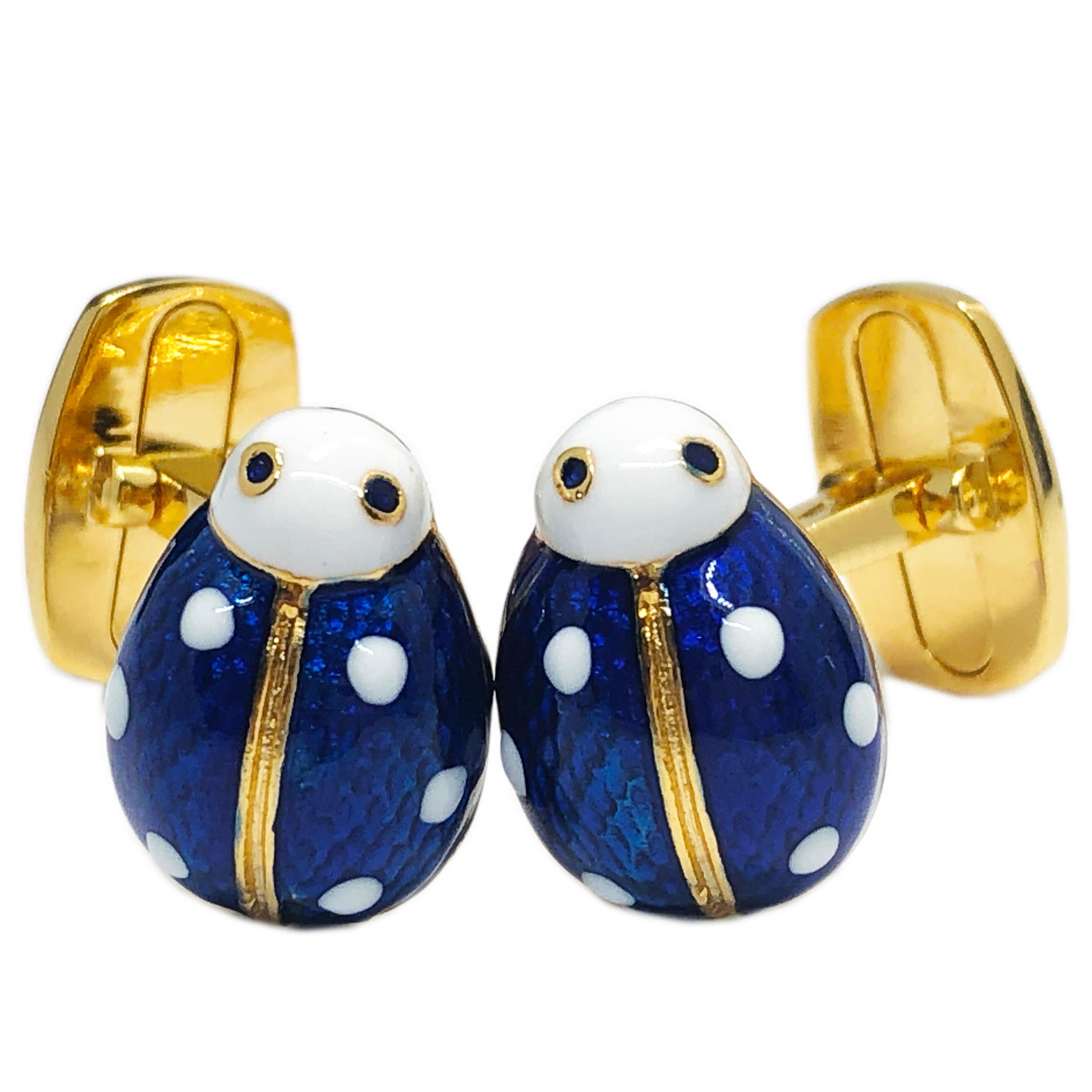 Chic White and Blue Hand Enameled Little Ladybug Shaped T-Bar Back, Sterling Silver Gold Plated Cufflinks.
In our smart Black Box and Pouch.


