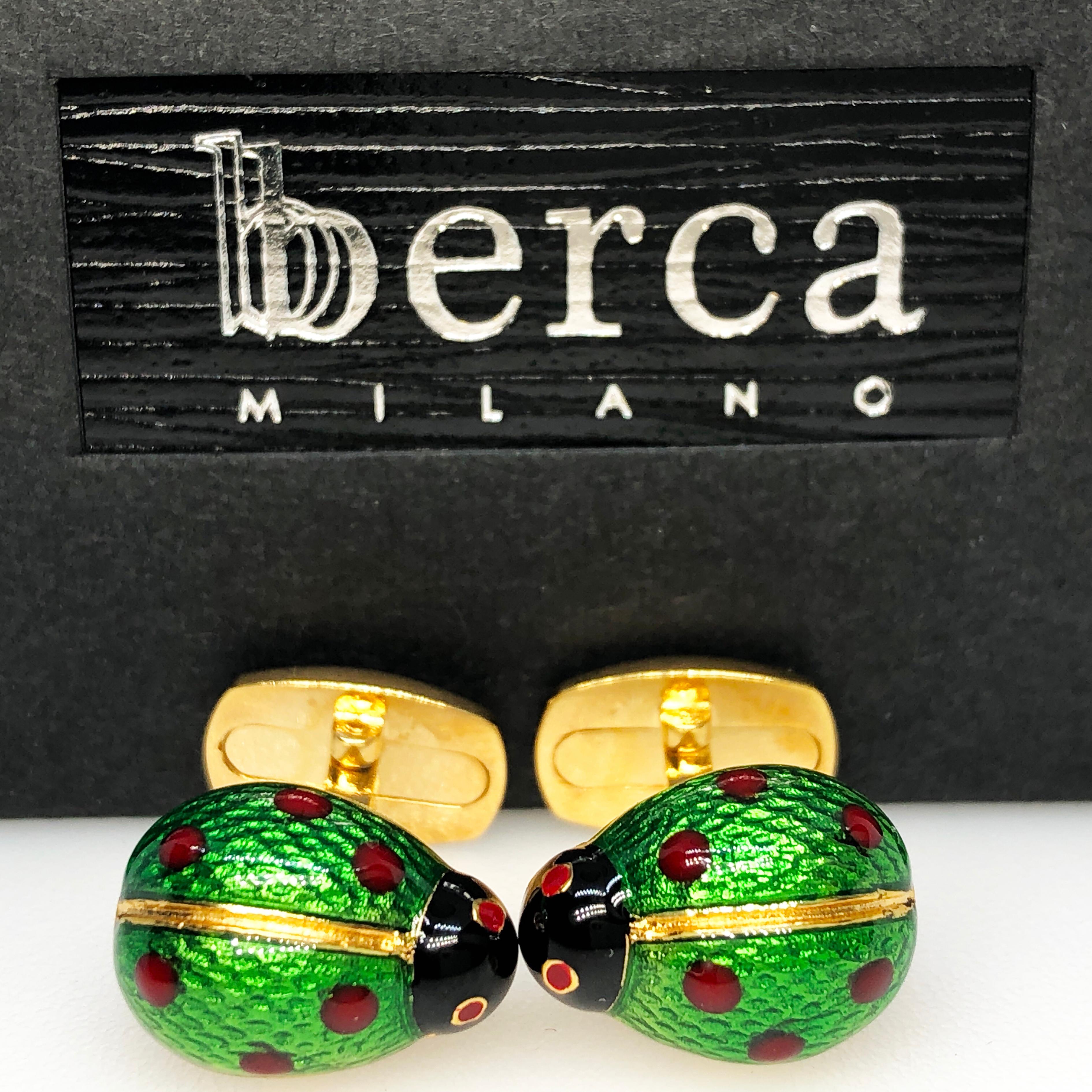 Chic Green Red Spot Hand Enameled Little Ladybug Shaped T-Bar Back, Sterling Silver Gold Plated Cufflinks.
In our smart Black Box and Pouch.


