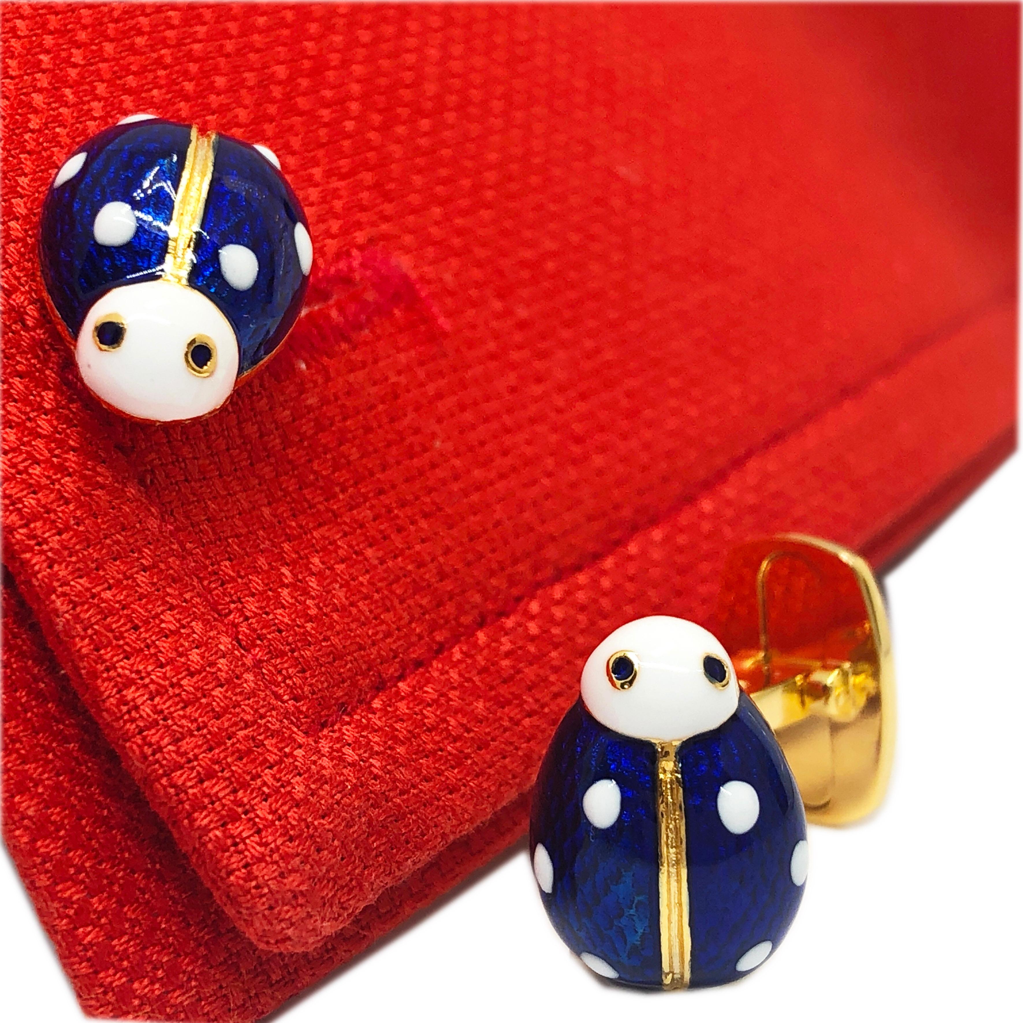 Contemporary Berca Enameled Ladybug Shaped T-Bar Back Sterling Silver Gold-Plated Cufflinks