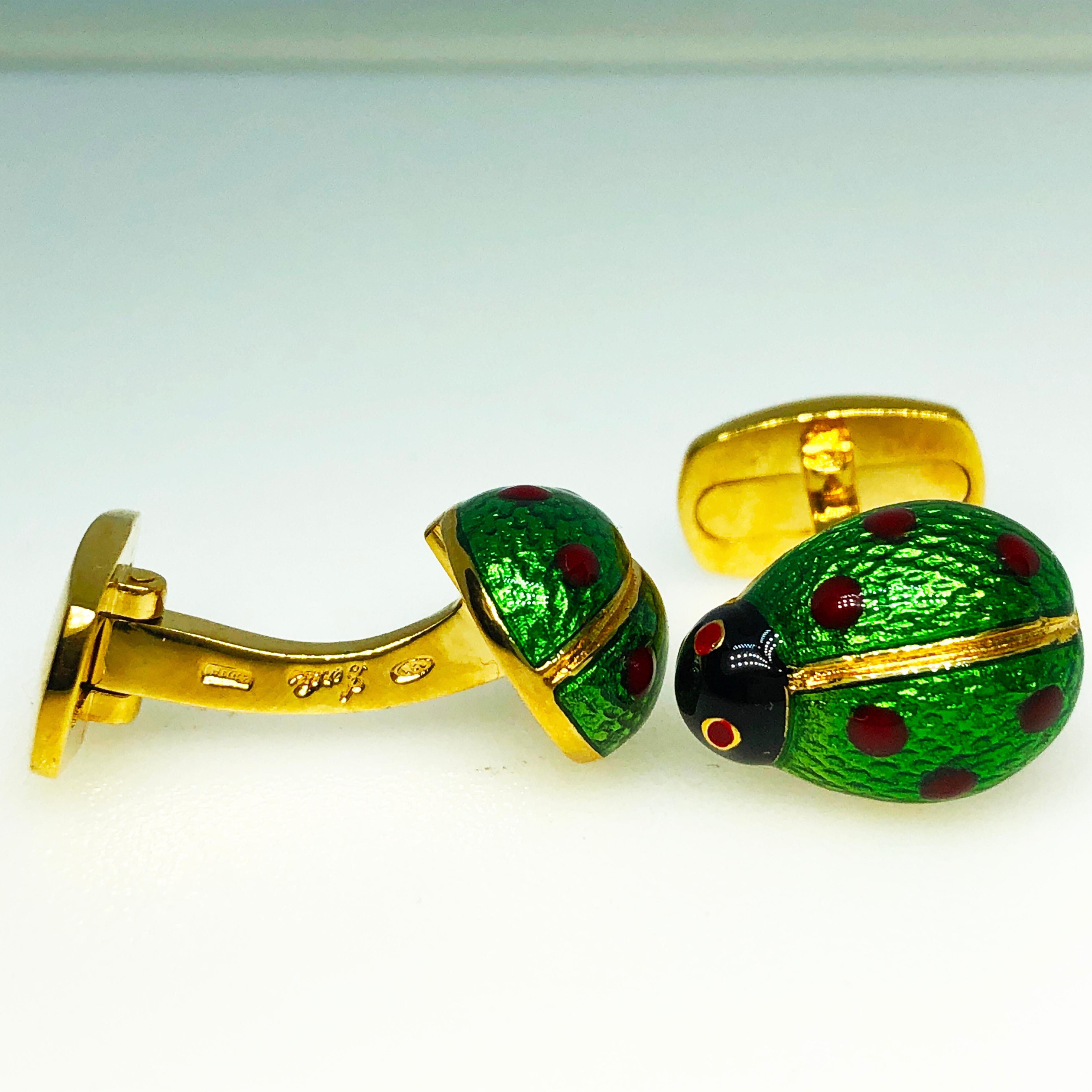 Contemporary Hand Enameled Ladybug Shaped T-Bar Back Sterling Silver Gold-Plated Cufflinks