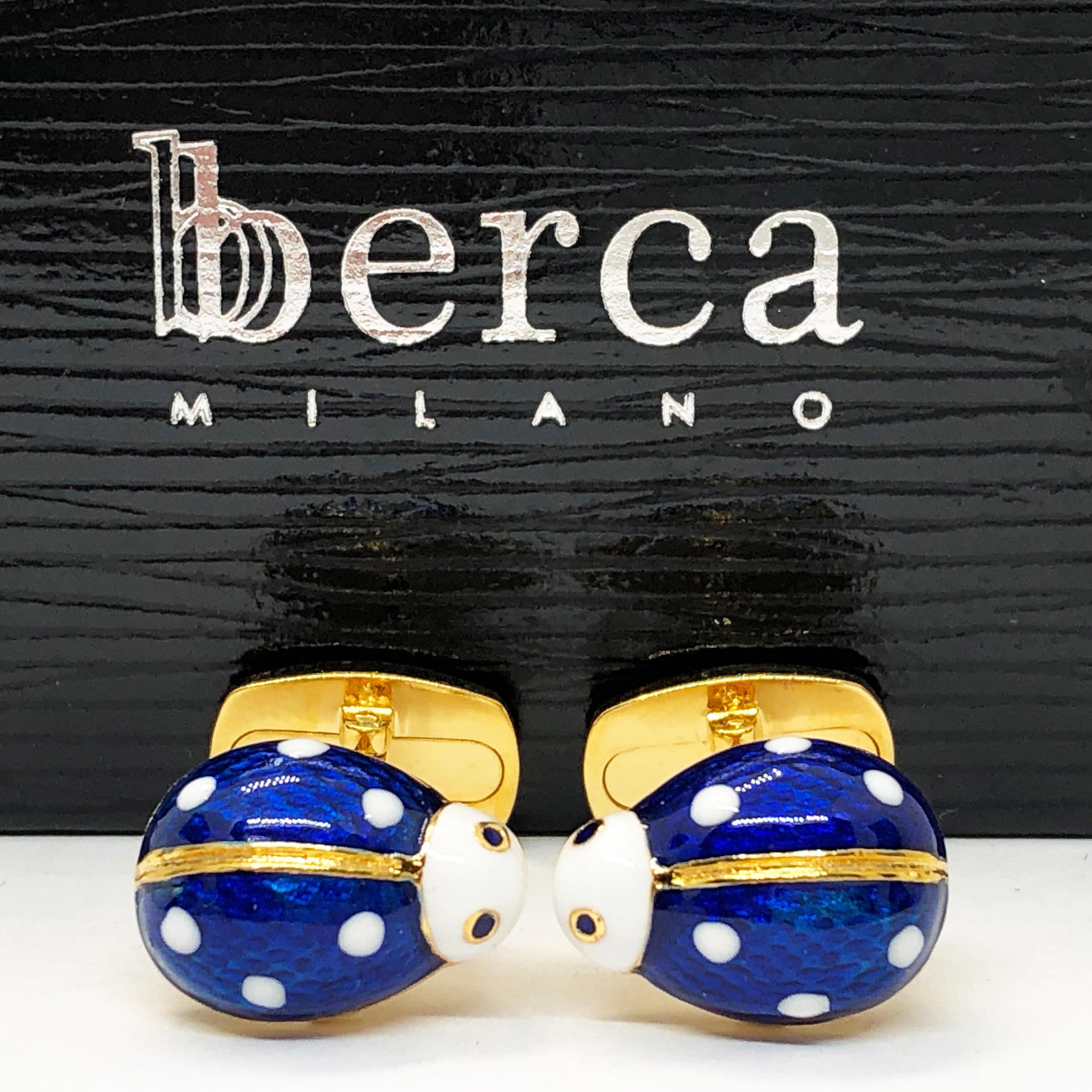 Berca Enameled Ladybug Shaped T-Bar Back Sterling Silver Gold-Plated Cufflinks In New Condition In Valenza, IT