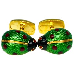 Hand Enameled Ladybug Shaped T-Bar Back Sterling Silver Gold-Plated Cufflinks