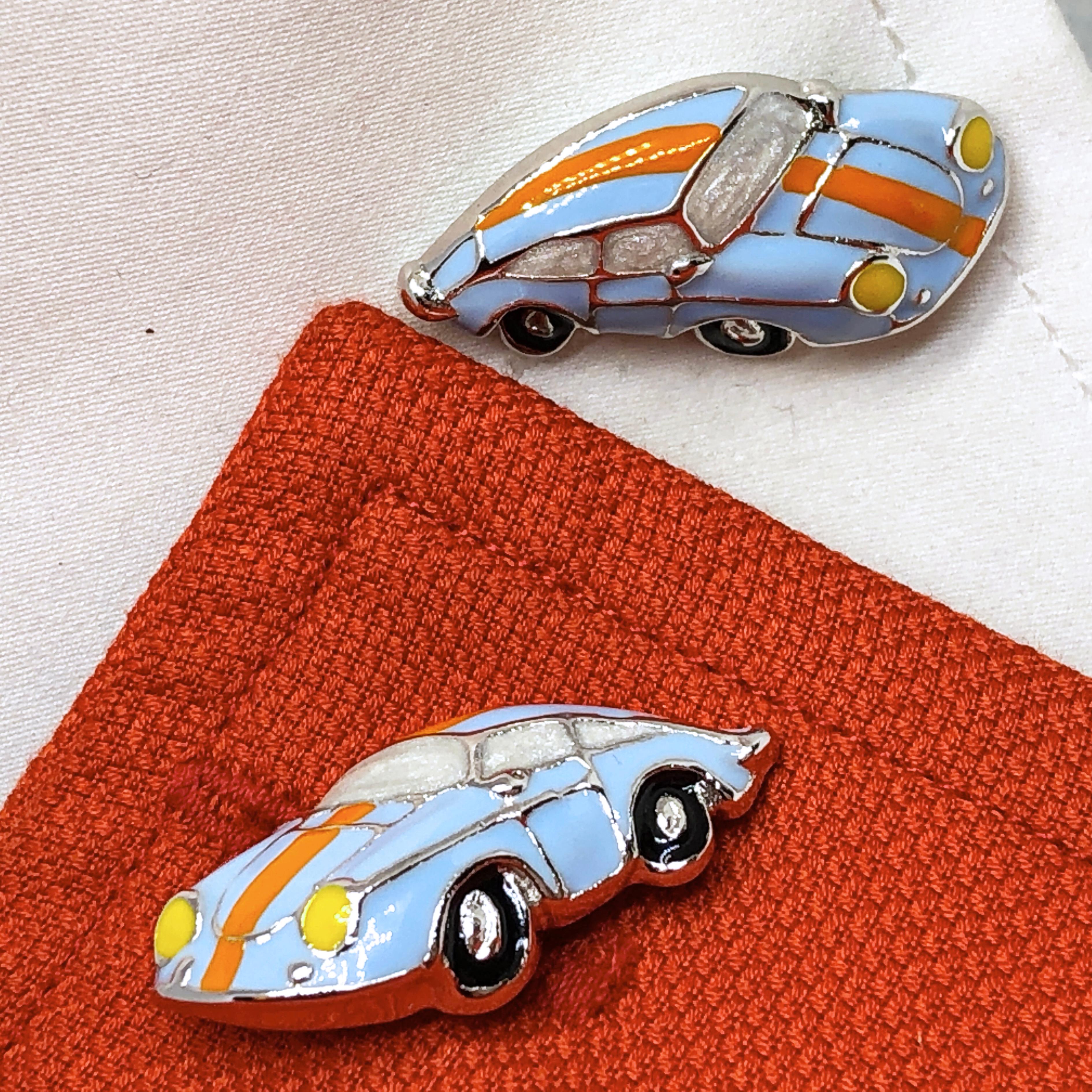Contemporary Berca Enameled Le Man’s Racing Color 911Porsche Shaped Sterling Silver Cufflinks