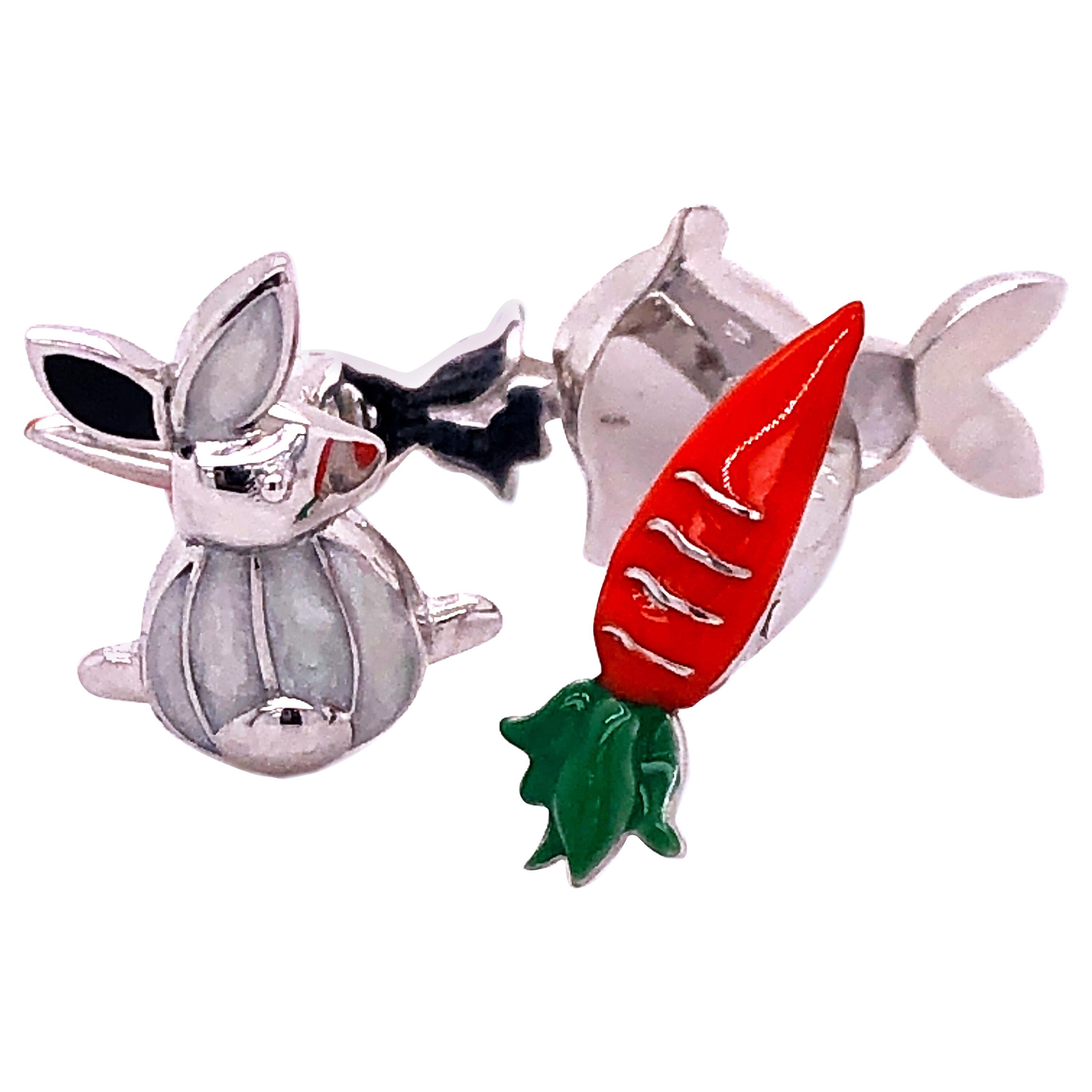 Berca Hand Enameled Little Bunny Shaped Carrot Back Sterling Silver Cufflinks