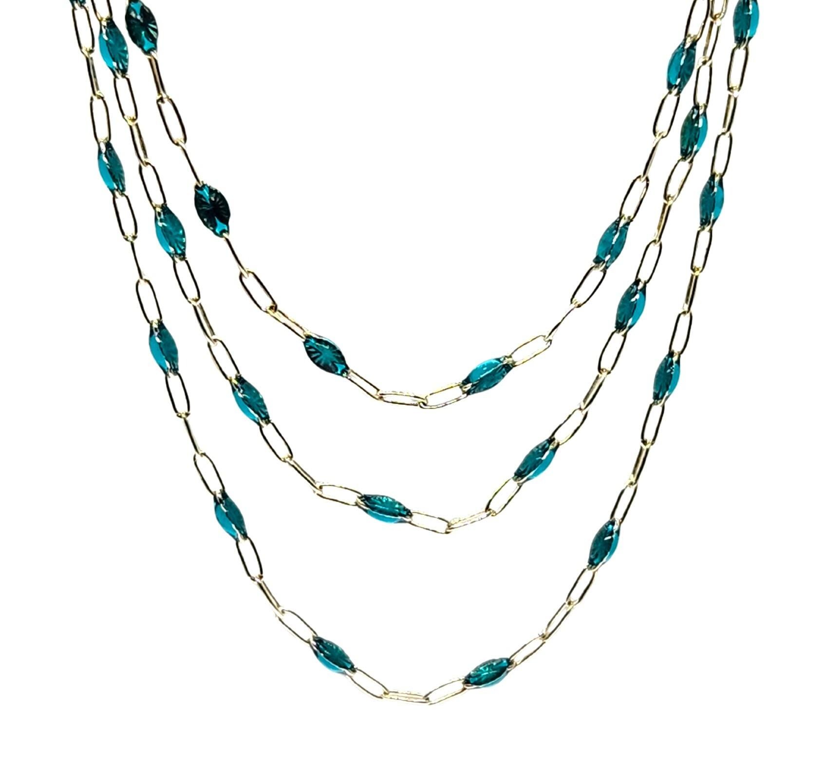 Sterling Silver Italian Chain in 3 lengths with Lobster clasps and a beautiful teal blue enamel in eye shapes. The chain look is casual with many options to wear a neck stack layered. Three lengths are offered in 16