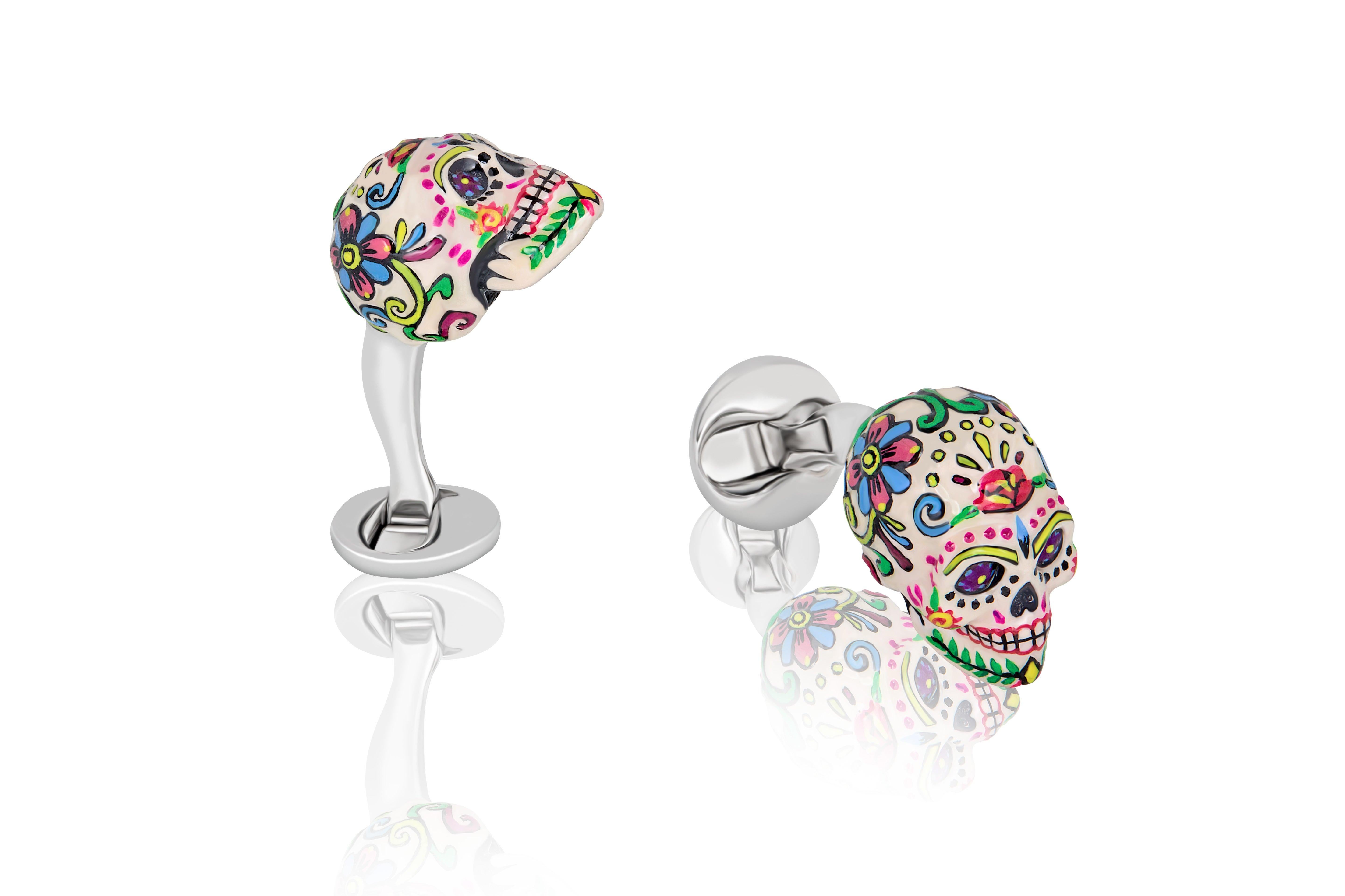 Modern Hand-Enameled Mexican Skulls Cufflinks in Sterling Silver by Fils Unique