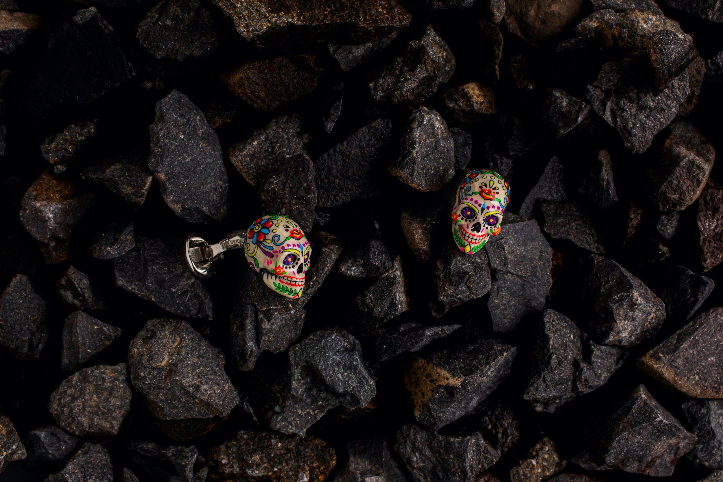 Modern Hand-Enameled Mexican Skulls Cufflinks in Sterling Silver by Fils Unique For Sale