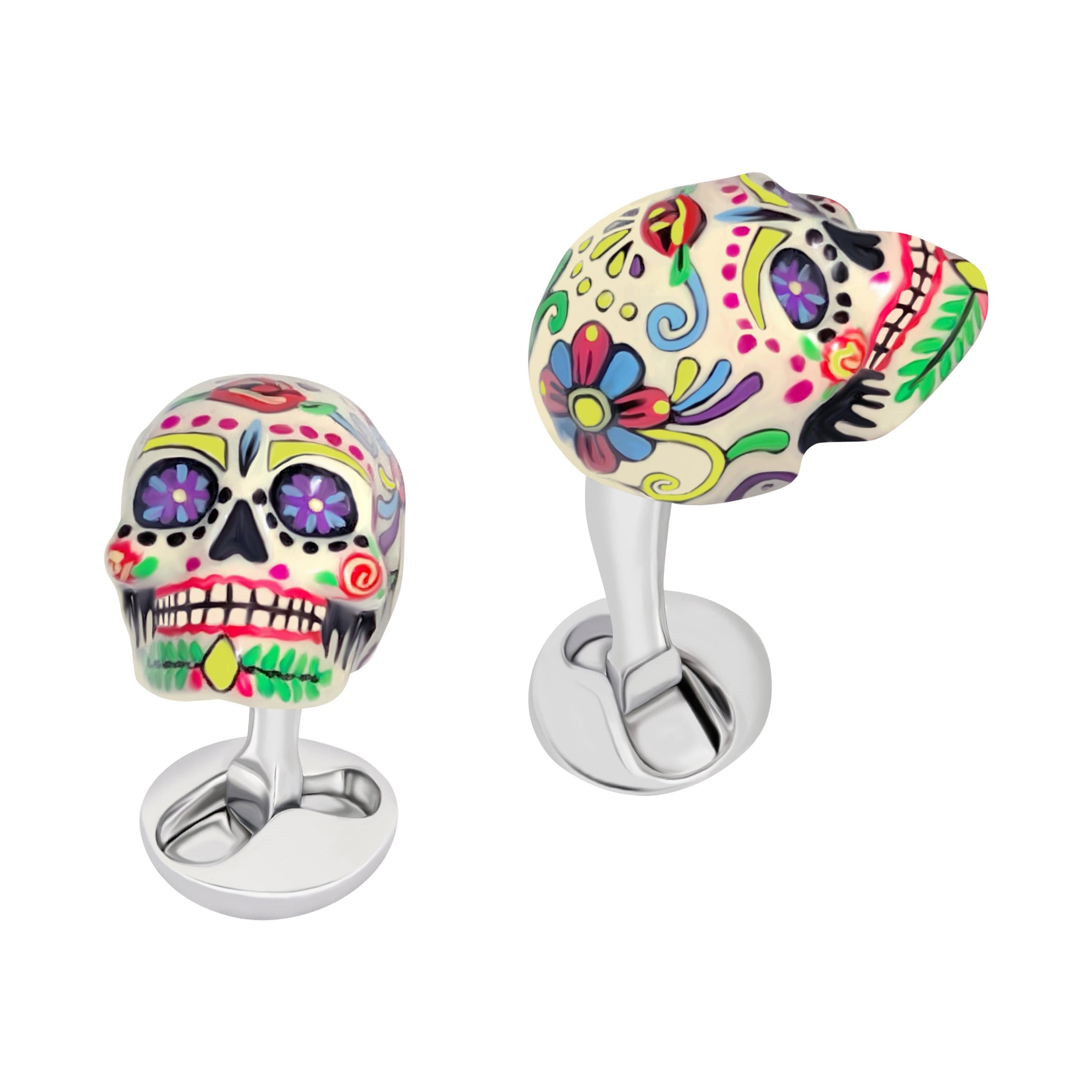 Hand-Enameled Mexican Skulls Cufflinks in Sterling Silver by Fils Unique