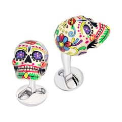 Hand-Enameled Mexican Skulls Cufflinks in Sterling Silver by Fils Unique
