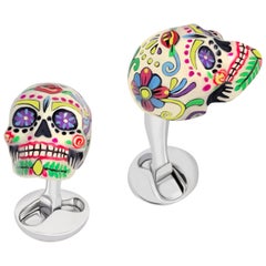 Hand-enameled Mexican Skulls Cufflinks in Sterling Silver by Fils Unique