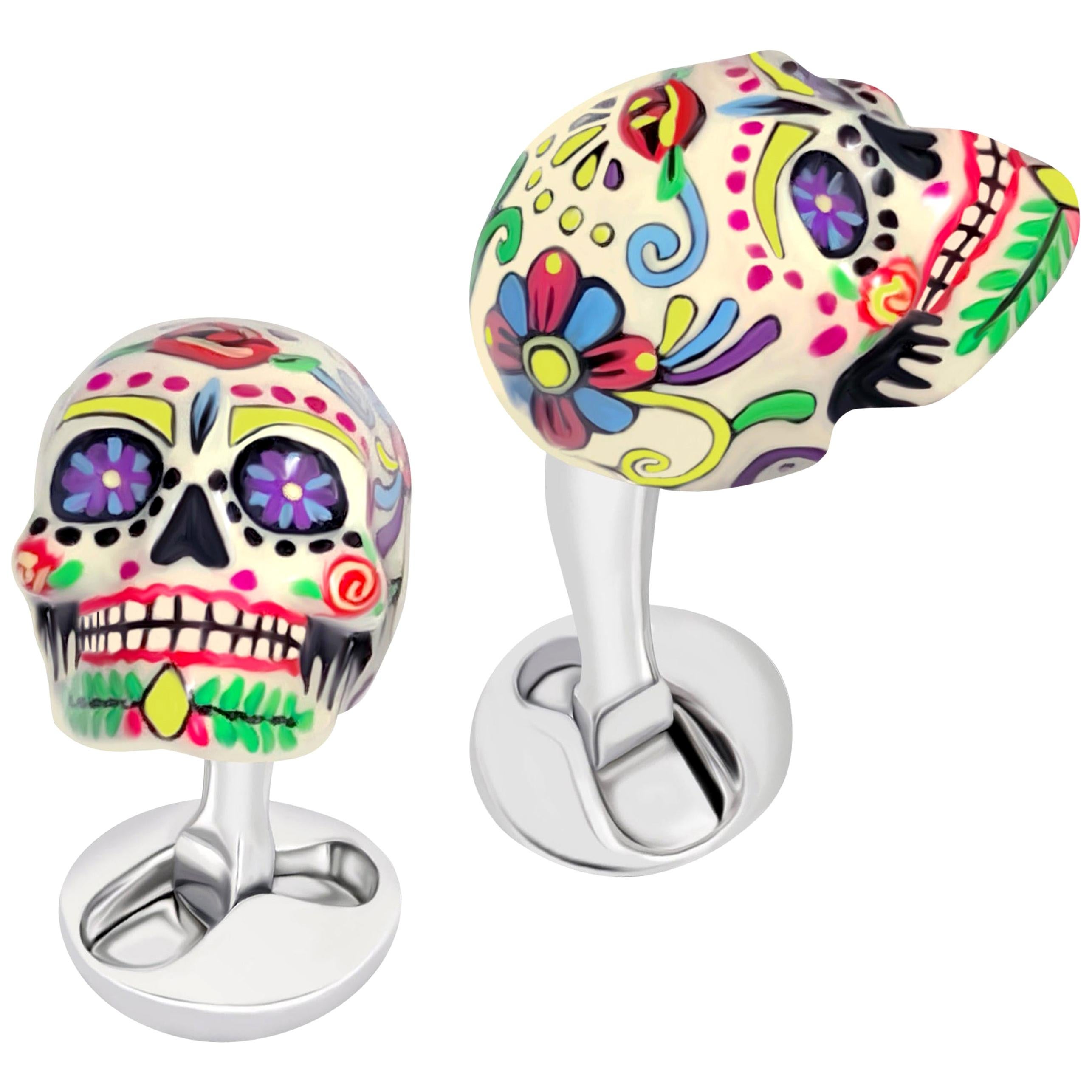 Hand-enameled Mexican Skulls Cufflinks in Sterling Silver by Fils Unique 