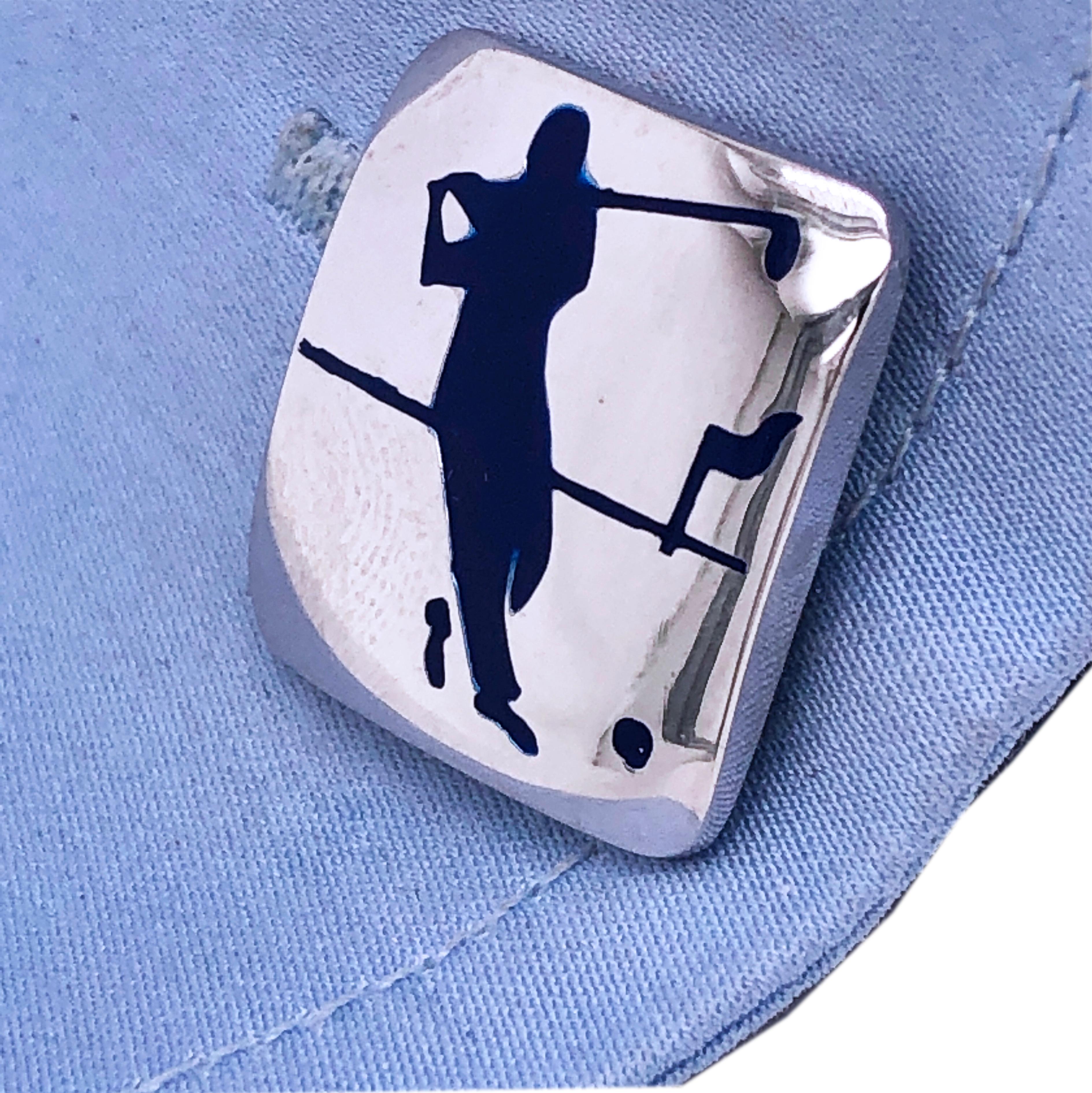 Berca Navy Blue Enameled Golf Player Little Ball Solid Sterling Silver Cufflinks For Sale 5