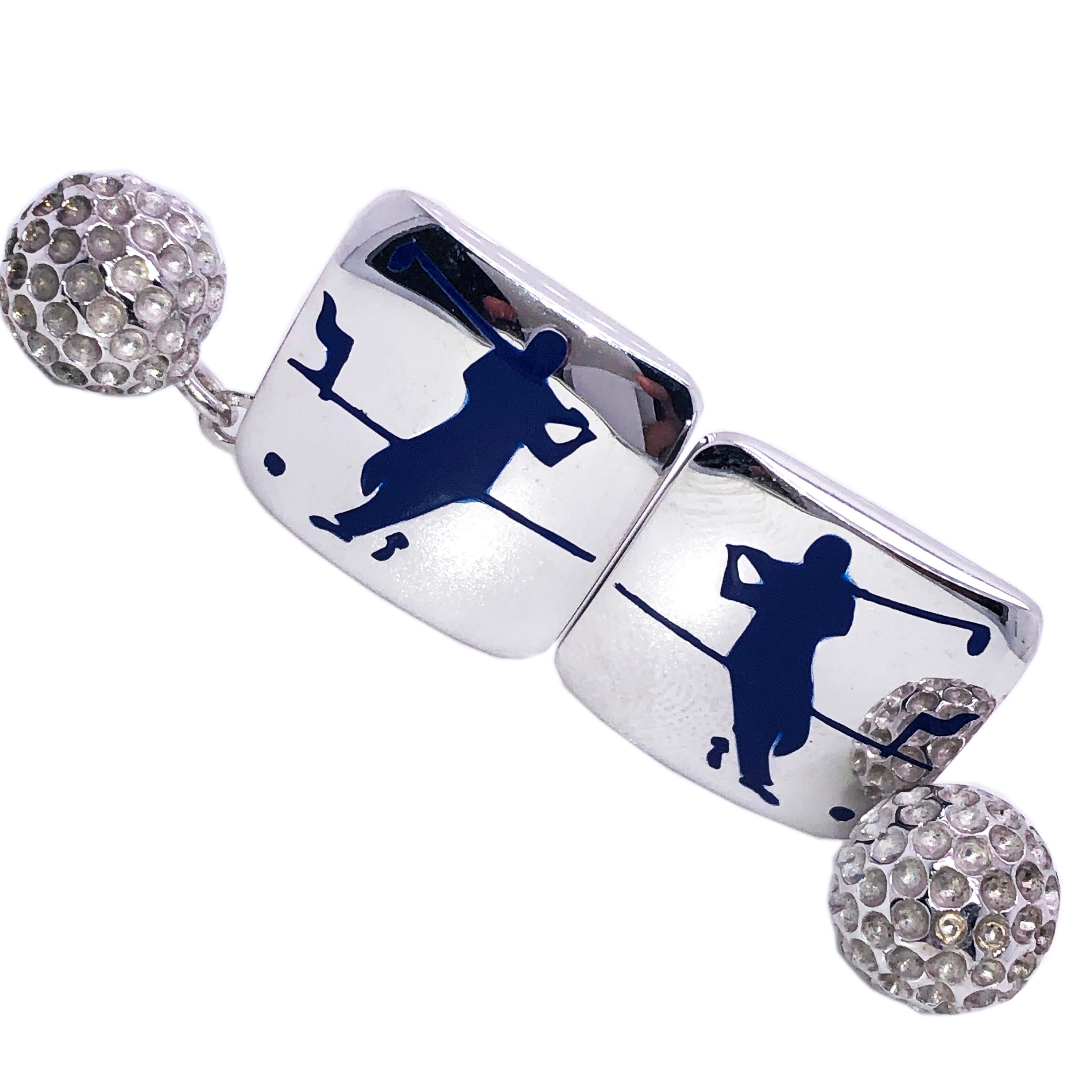 Unique, Chic Yet Timeless Hand Enameled Navy Blue Golf Player Little Golf Ball Back, Squared Shaped Solid Sterling Silver Cufflinks.

In our Smart Black Box and Pouch