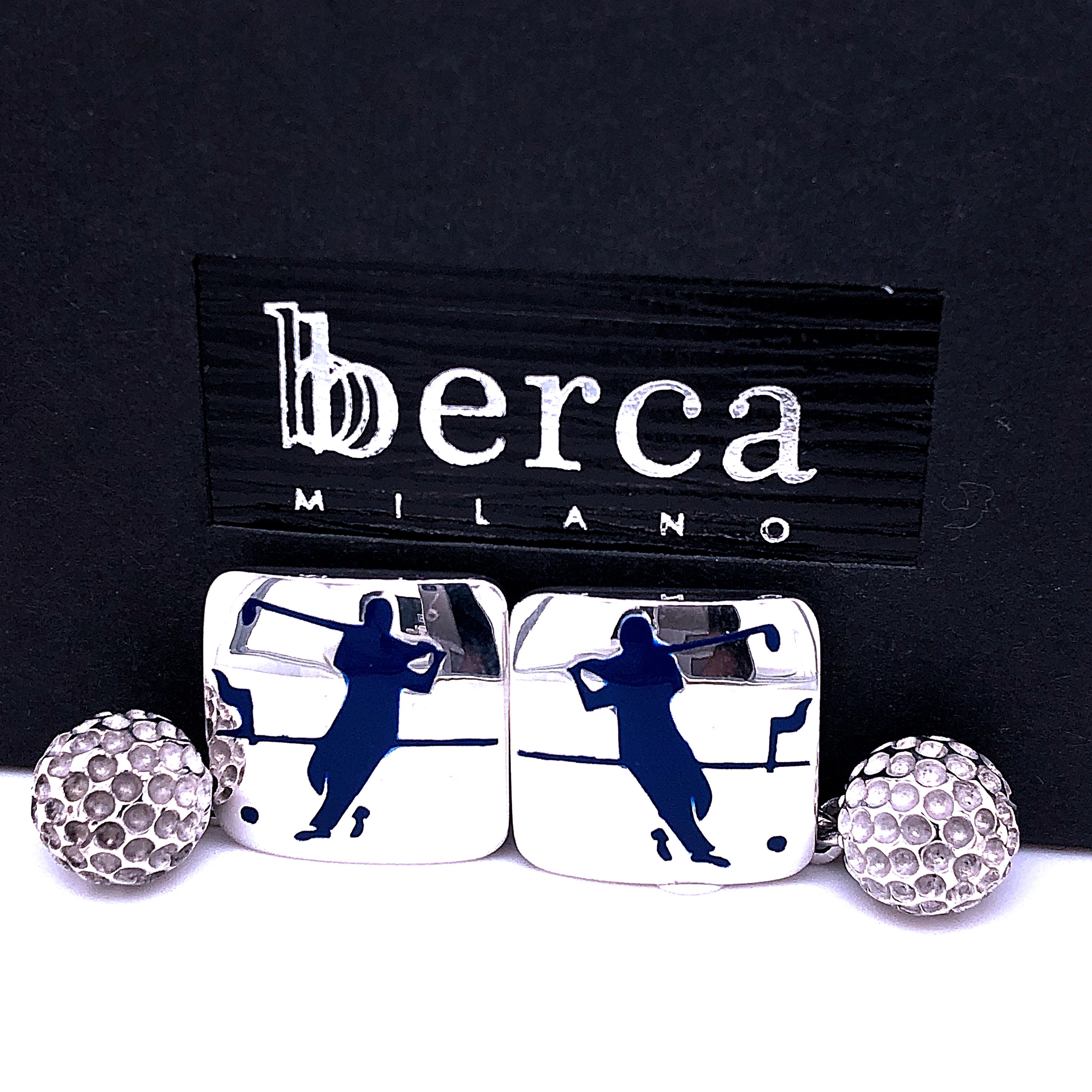 Berca Navy Blue Enameled Golf Player Little Ball Solid Sterling Silver Cufflinks In New Condition For Sale In Valenza, IT