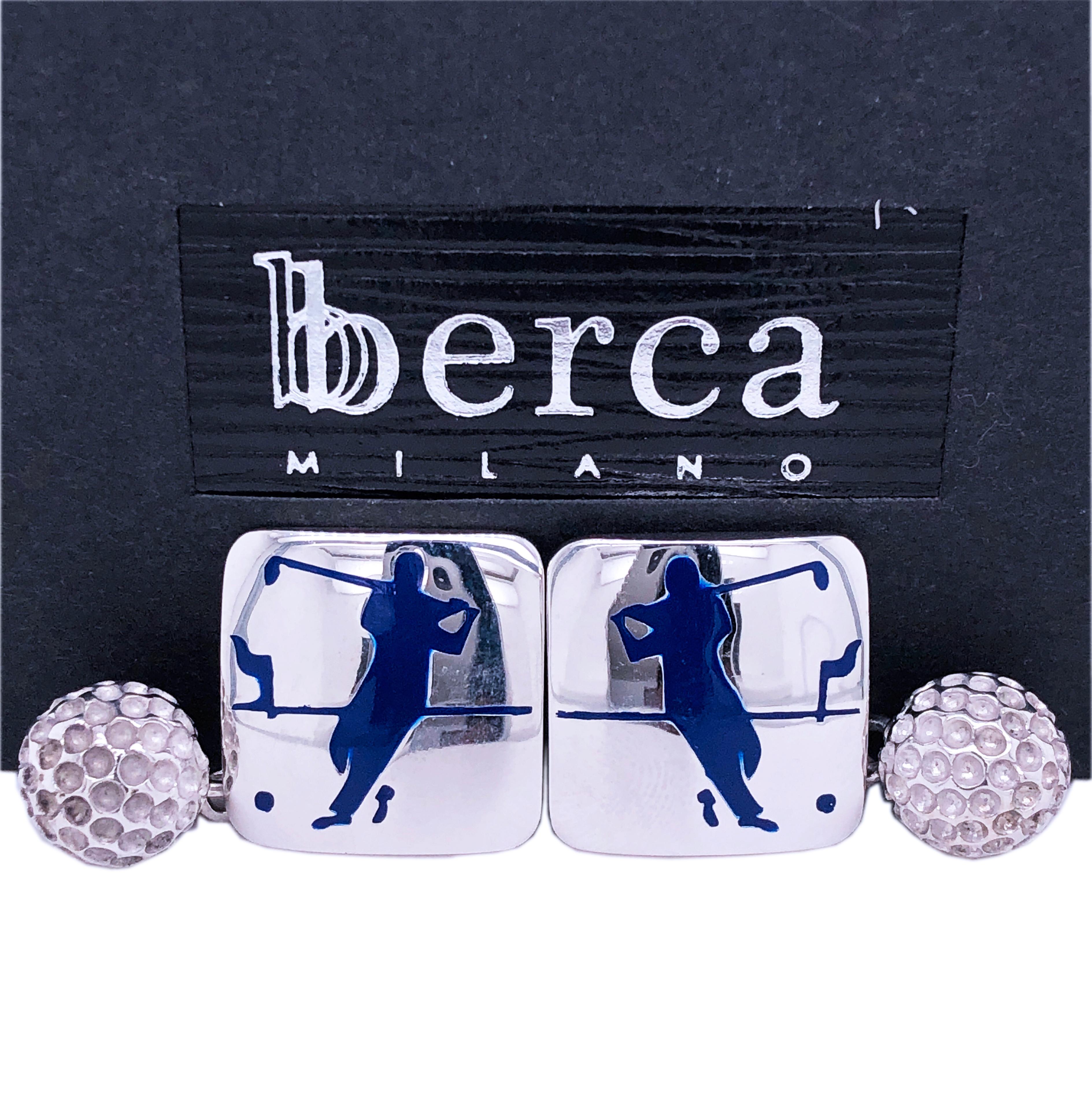 Berca Navy Blue Enameled Golf Player Little Ball Solid Sterling Silver Cufflinks For Sale 2