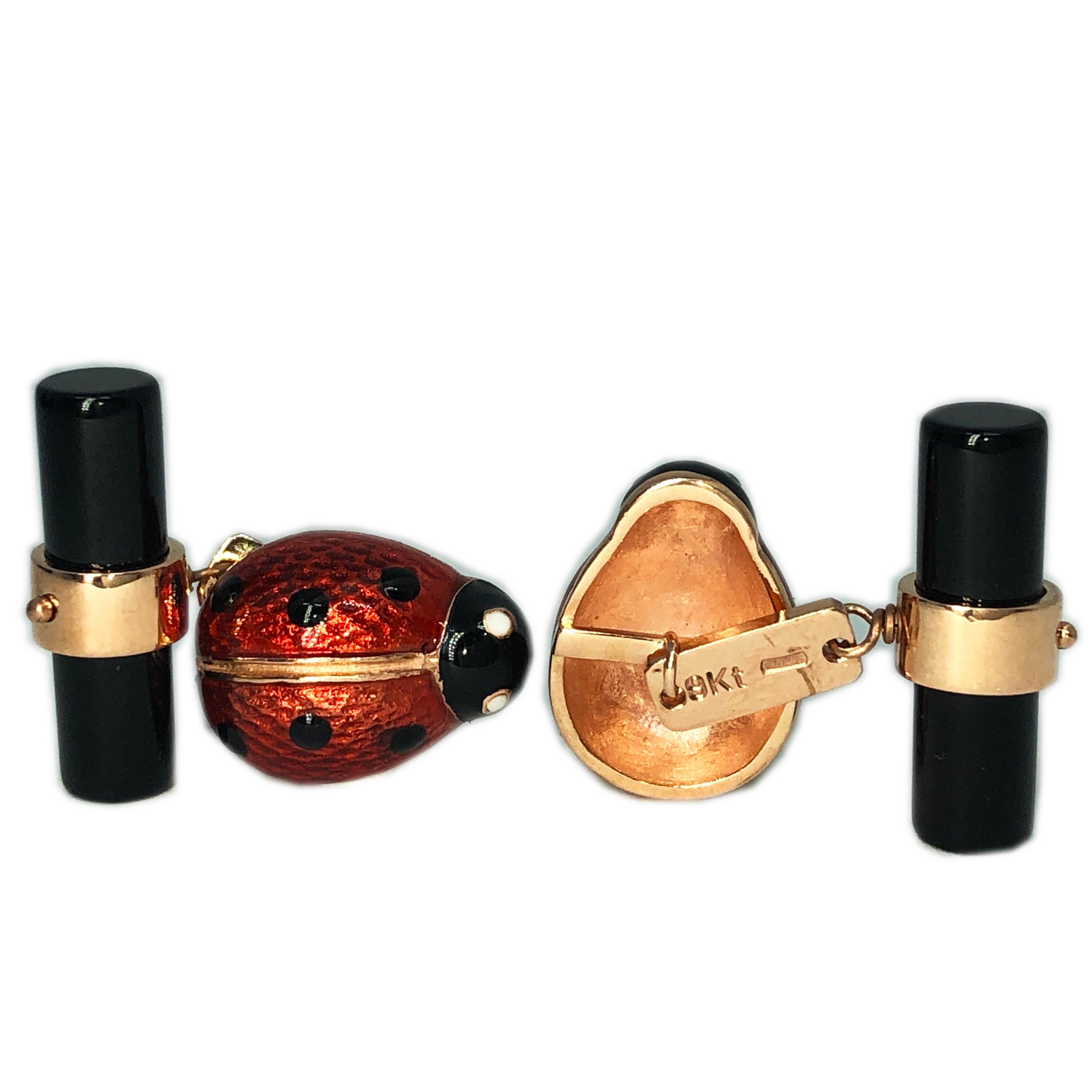 Hand Enameled Ladybug Shaped Onyx Baton Back Rose Gold Cufflinks 7