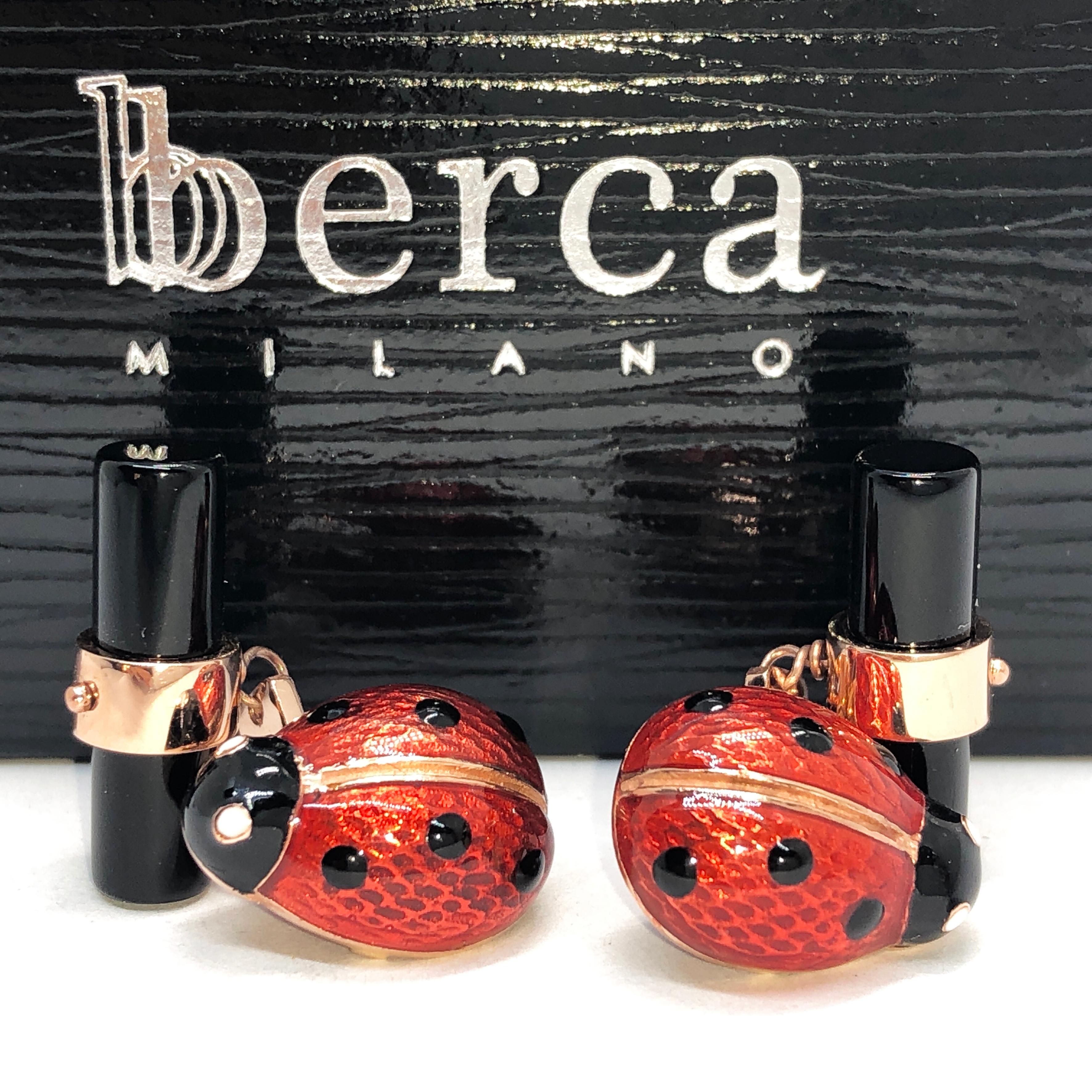 Chic, Timeless, but not Traditional Hand Enameled Little Ladybug Shaped Hand Inlaid Onyx Baton Back, Rose Gold Setting Cufflinks.
In a smart Black Box and Pouch.

24 Hours Express Shipping is complimentary to several destinations.

