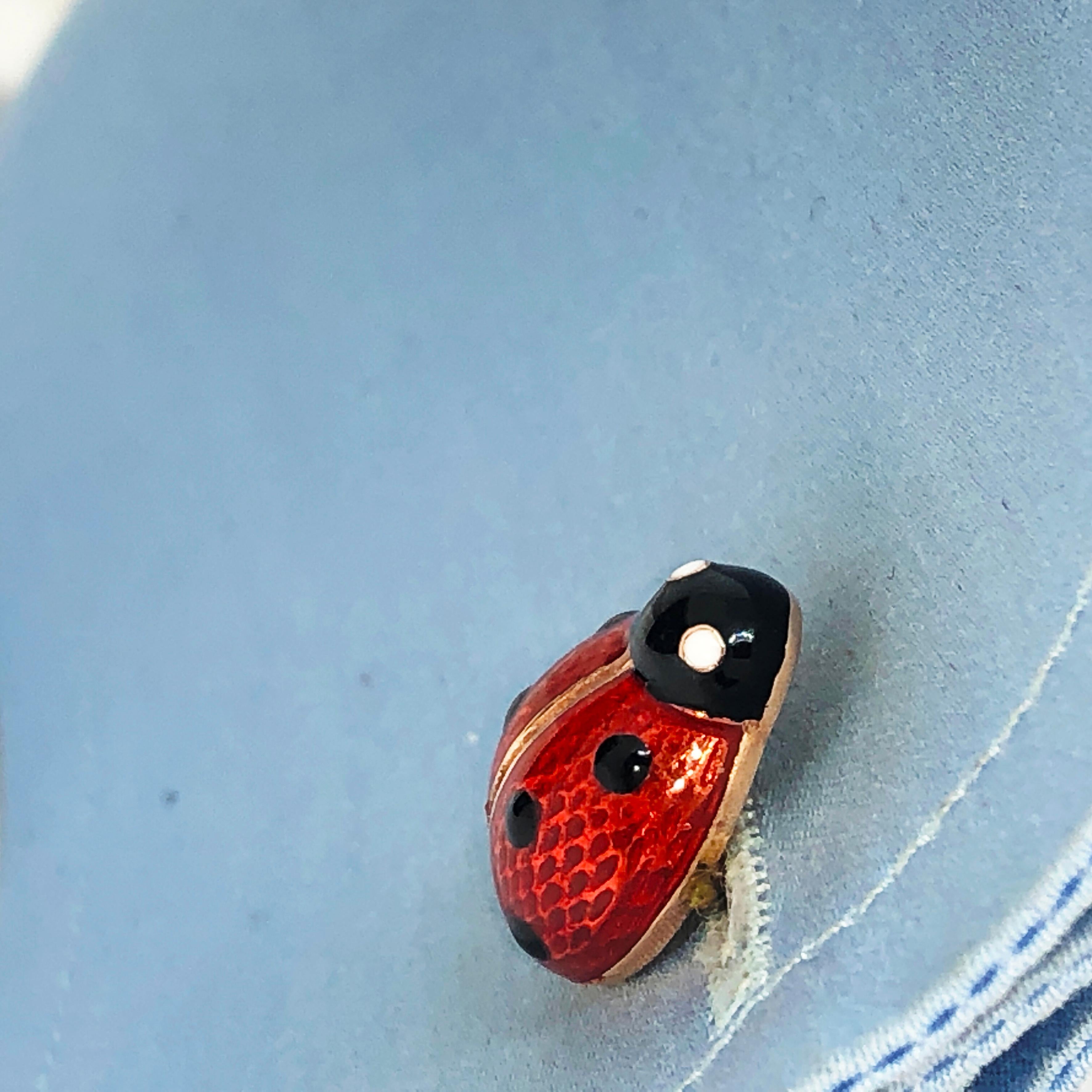 Contemporary Hand Enameled Ladybug Shaped Onyx Baton Back Rose Gold Cufflinks