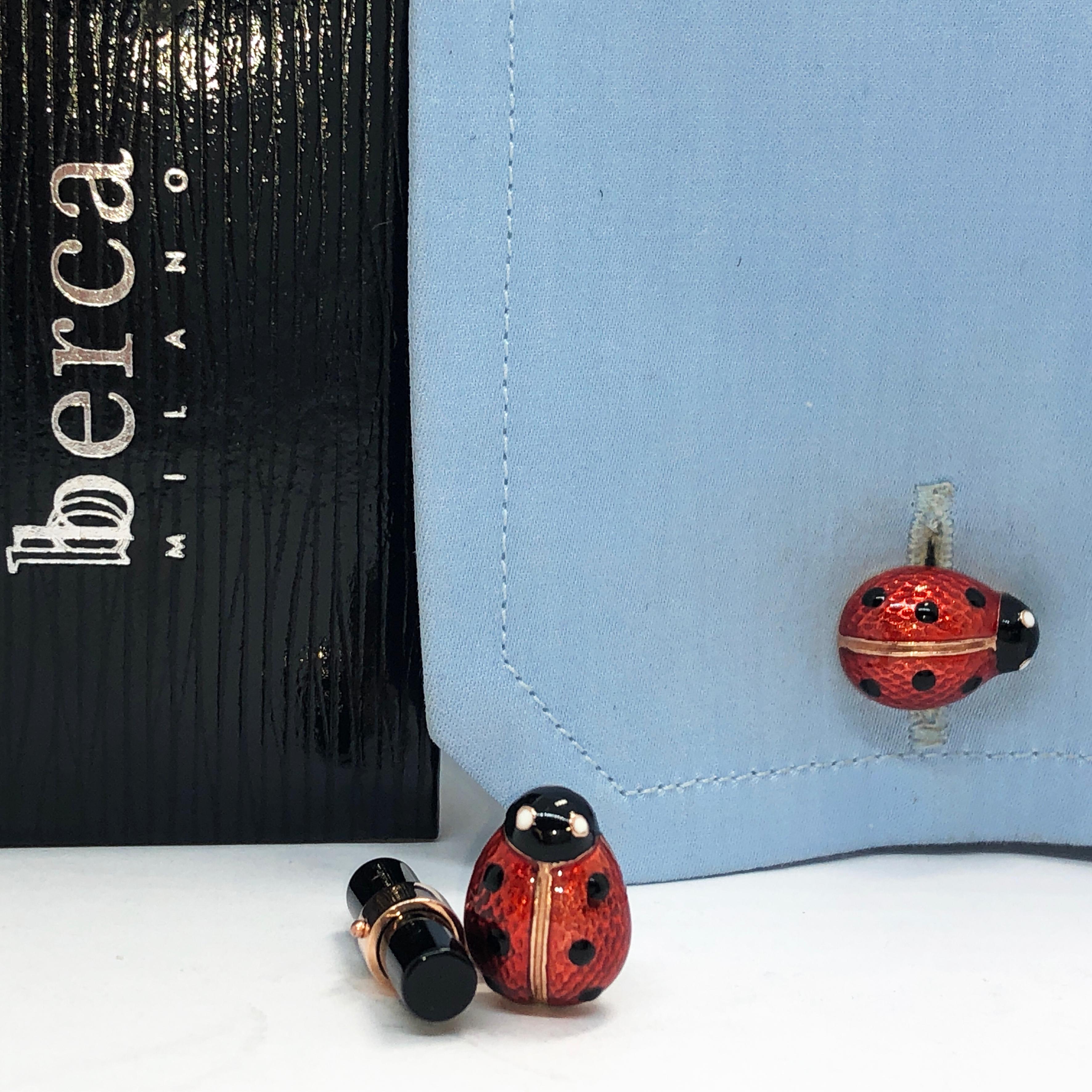 Hand Enameled Ladybug Shaped Onyx Baton Back Rose Gold Cufflinks In New Condition In Valenza, IT