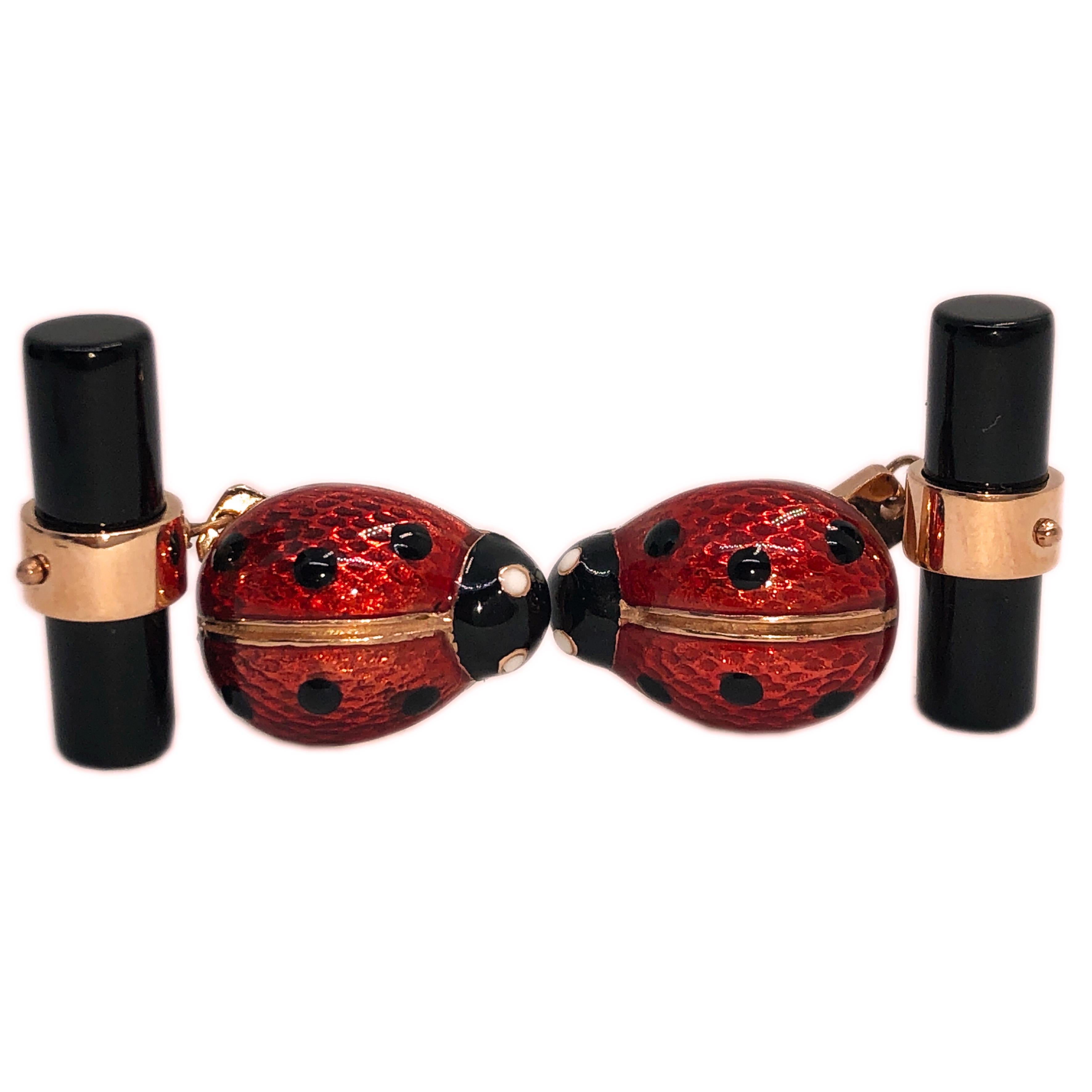 Hand Enameled Ladybug Shaped Onyx Baton Back Rose Gold Cufflinks