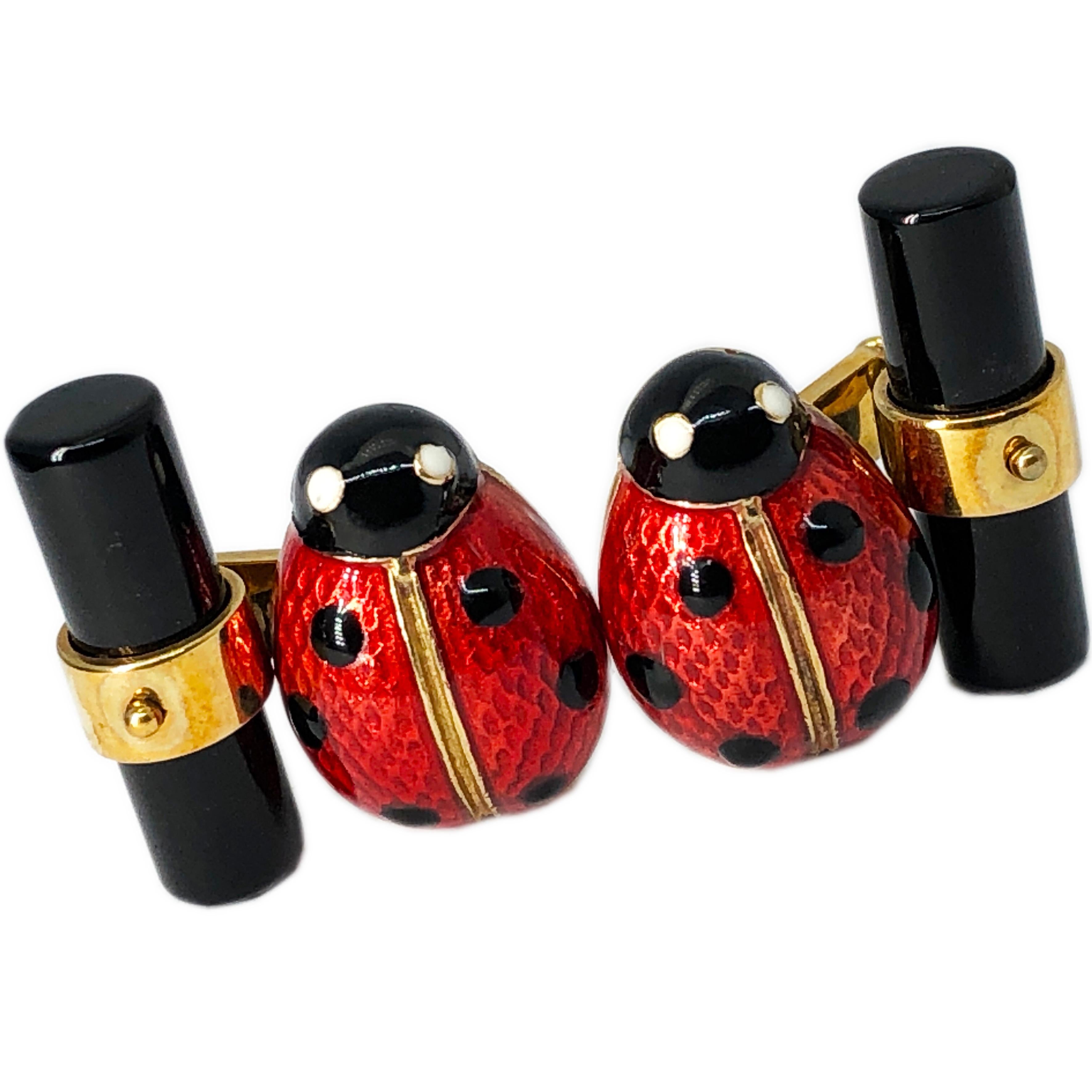 Chic Hand Enameled Little Ladybug Shaped Hand Inlaid Onyx Baton Back, Yellow Gold Setting Cufflinks.
In a smart Black Box and Pouch.