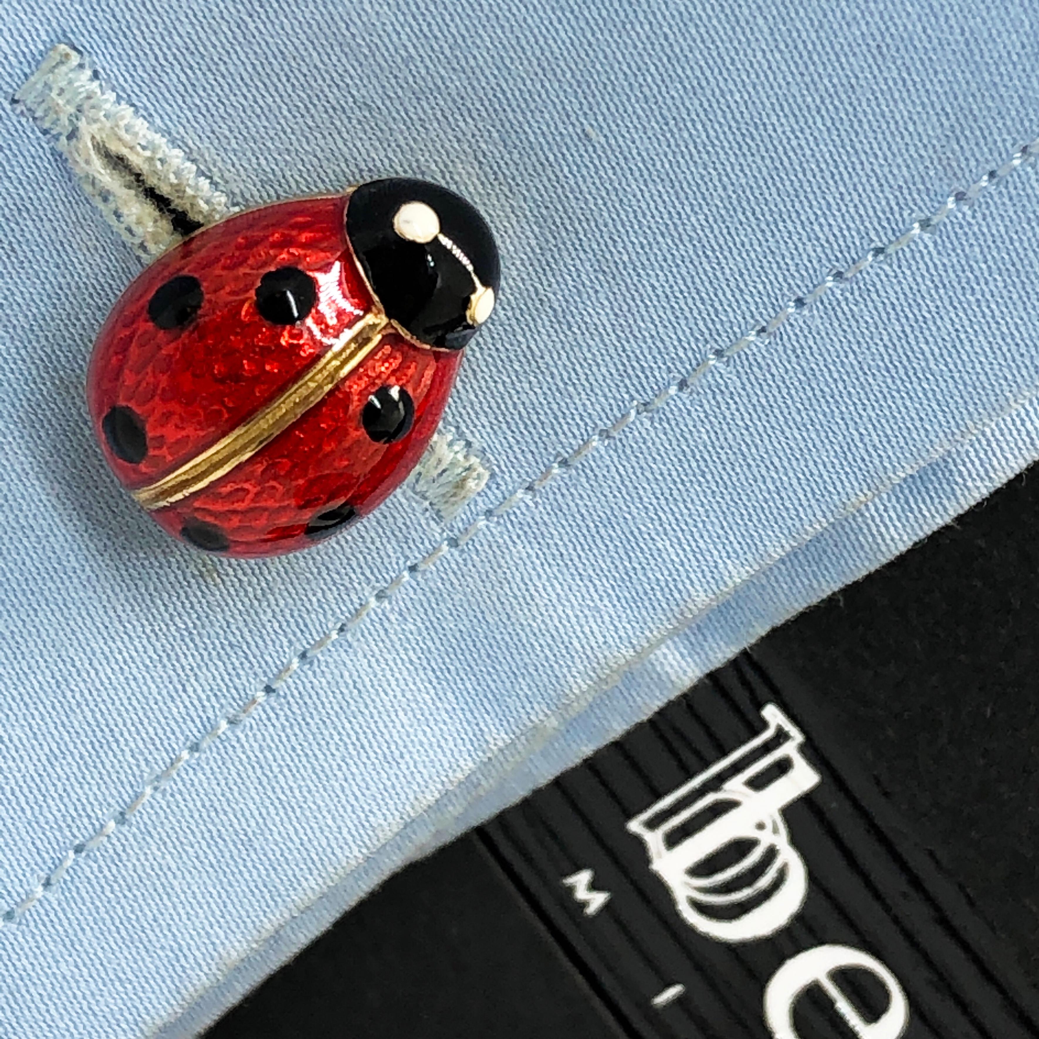 Contemporary Hand Enamelled Ladybug Shaped Onyx Baton Back Yellow Gold Cufflinks