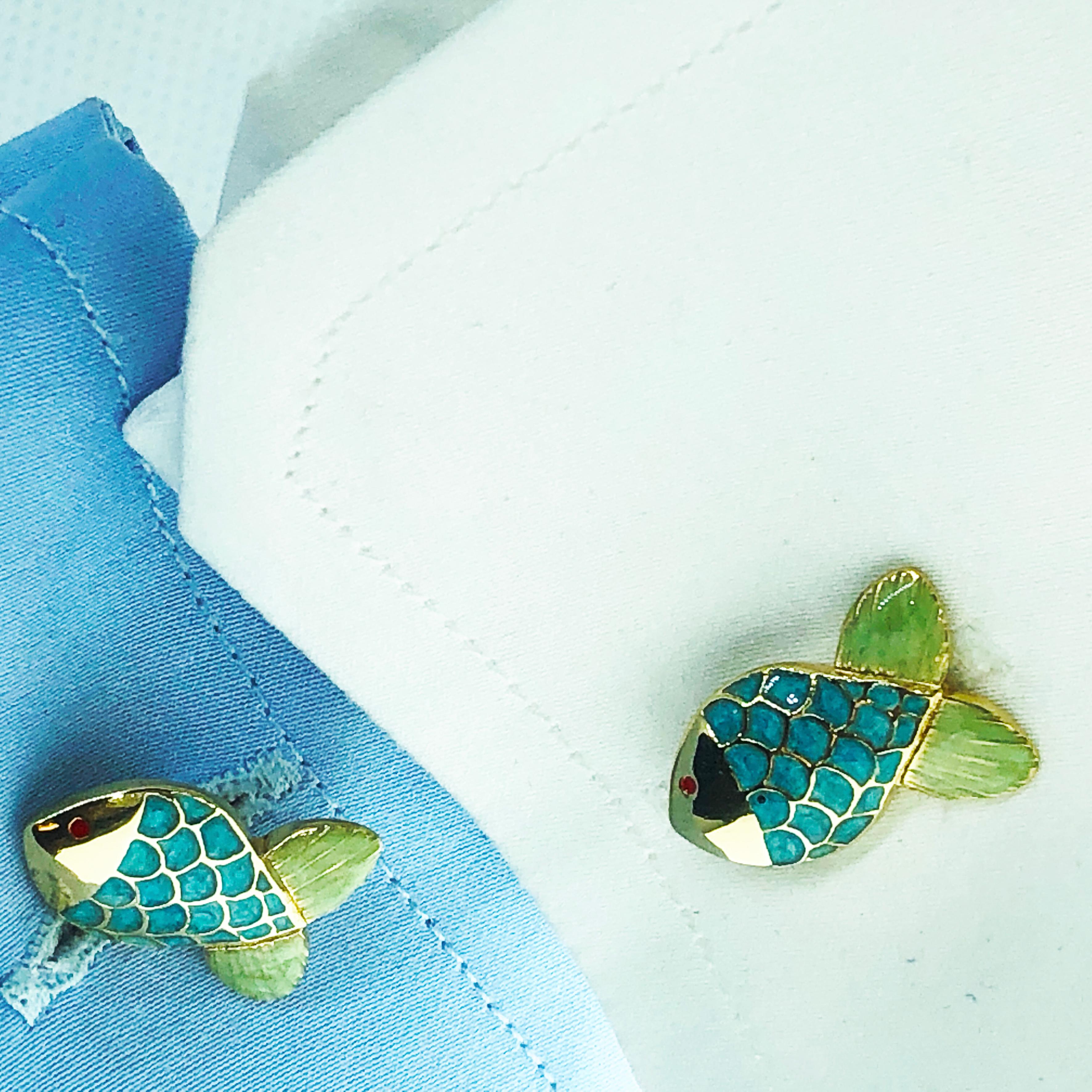 Berca Hand Enamelled Little Fish Shaped Sterling Silver Gold Plated Cufflinks For Sale 7
