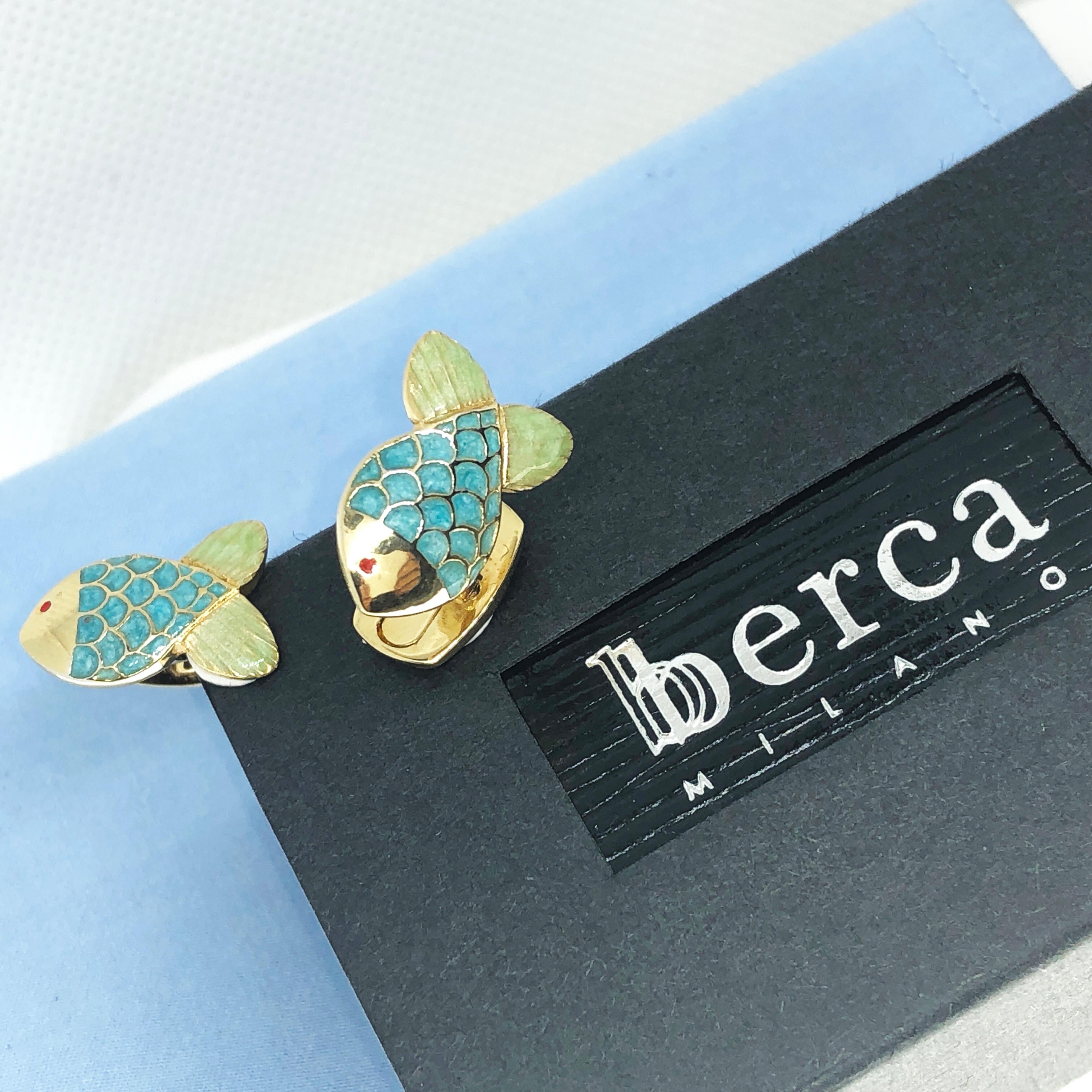 Contemporary Berca Hand Enamelled Little Fish Shaped Sterling Silver Gold Plated Cufflinks For Sale