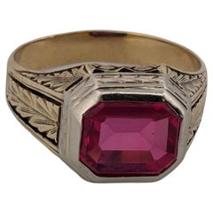 Hand Engraved 14K Yellow & White Gold Emerald Cut 3.50ctw Synthetic Ruby Ring