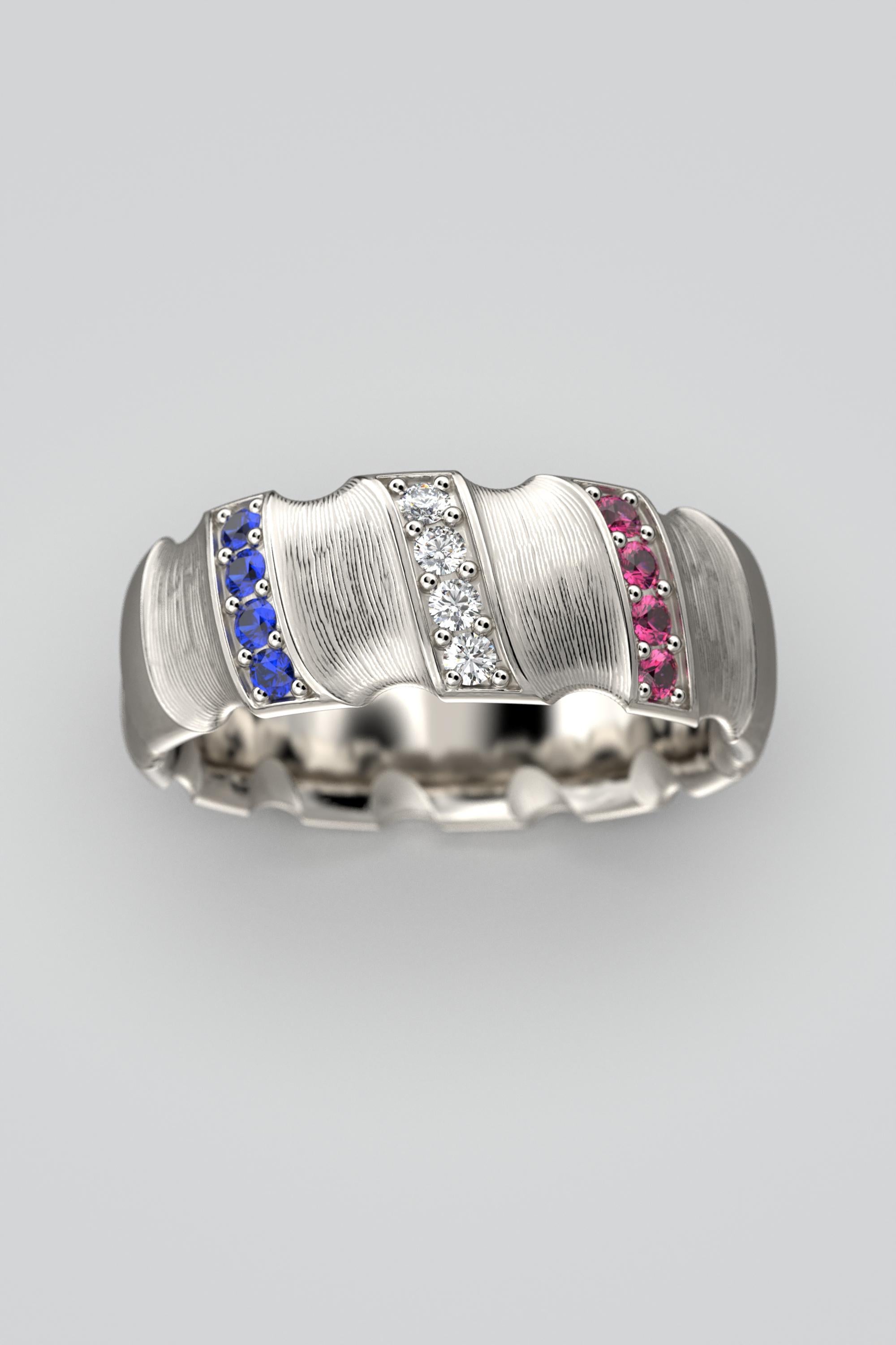For Sale:  Hand Engraved 18k Gold Wedding Band, Red White Blue American Patriotic Ring 10