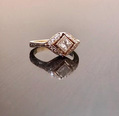 Hand Engraved 18K Yellow Gold Art Deco Halo Princess Cut Diamond Engagement Ring