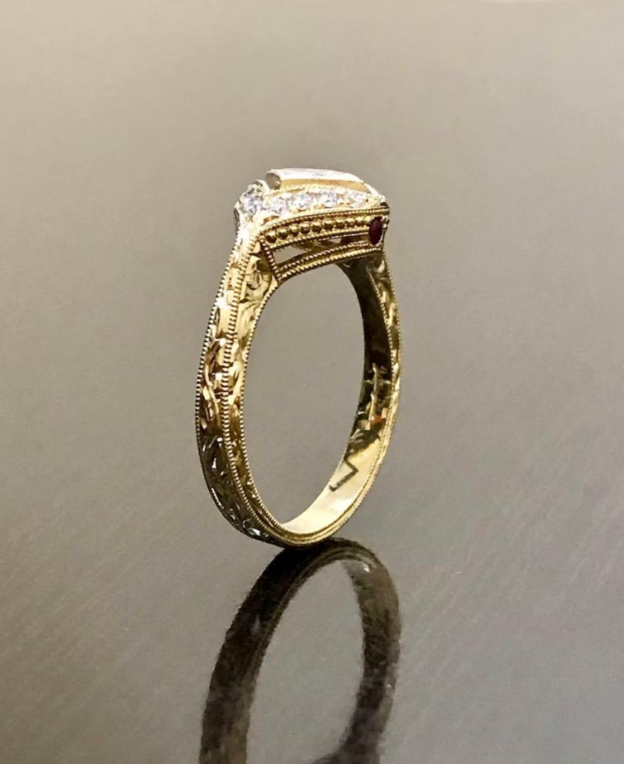 Hand Engraved 18K Yellow Gold Art Deco Halo Princess Cut Diamond Engagement Ring In New Condition For Sale In Los Angeles, CA