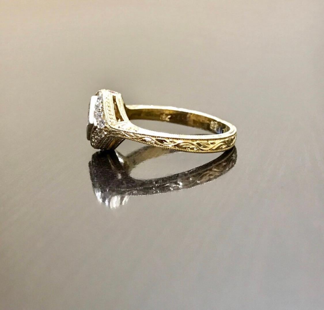 Hand Engraved 18K Yellow Gold Art Deco Halo Princess Cut Diamond Engagement Ring For Sale 1