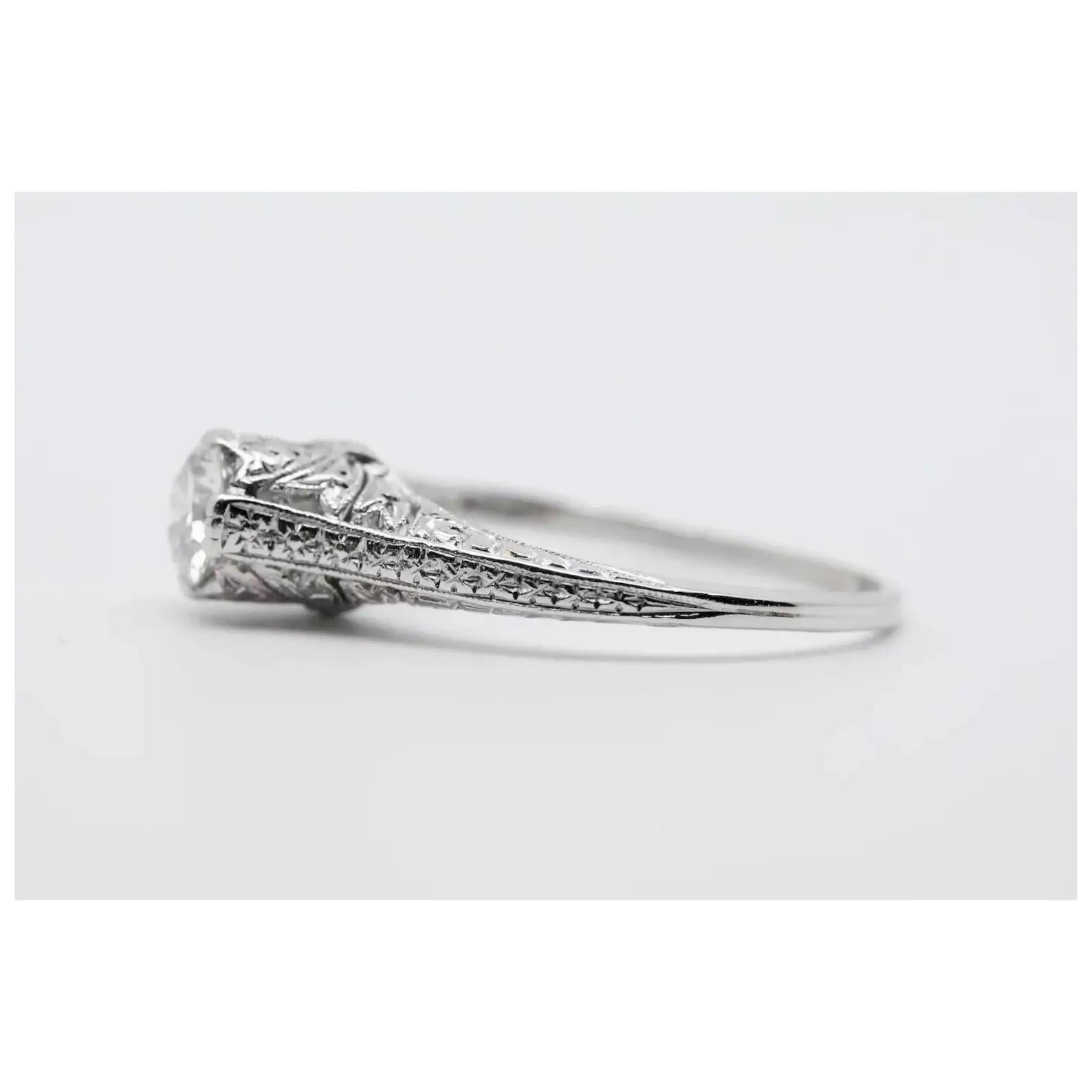 Old European Cut Hand Engraved Art Deco 0.60 Carat Diamond Solitare Engagement Ring in Platinum For Sale