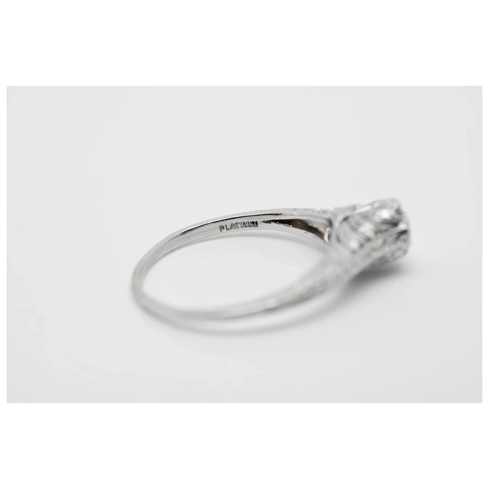 Hand Engraved Art Deco 0.60 Carat Diamond Solitare Engagement Ring in Platinum In Good Condition For Sale In Boston, MA