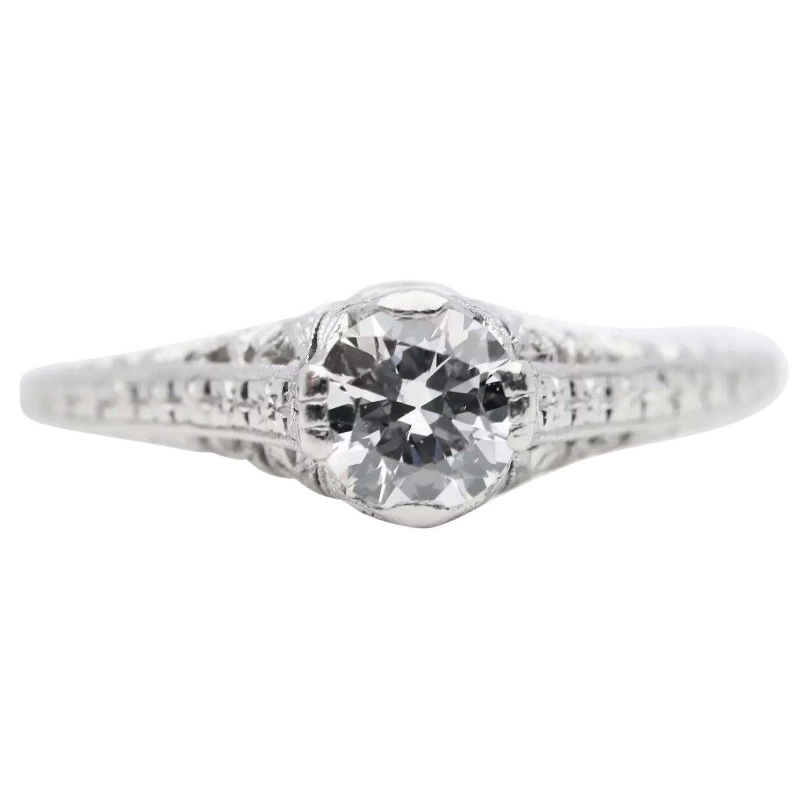 Hand Engraved Art Deco 0.60 Carat Diamond Solitare Engagement Ring in Platinum For Sale