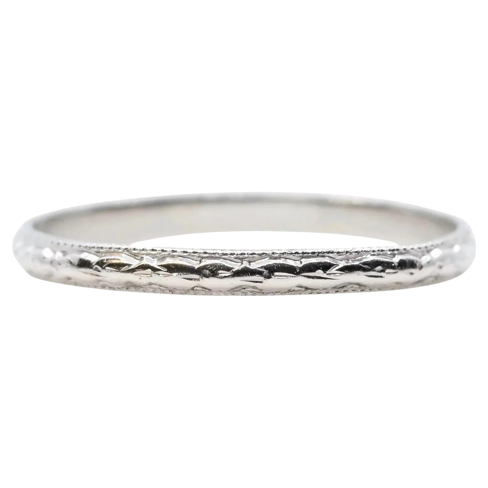 Hand Engraved Art Deco Floral Wedding Band in Platinum For Sale