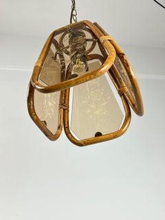 Hand-Engraved Bamboo and Murano Glass Chandelier, Italy, 1950s