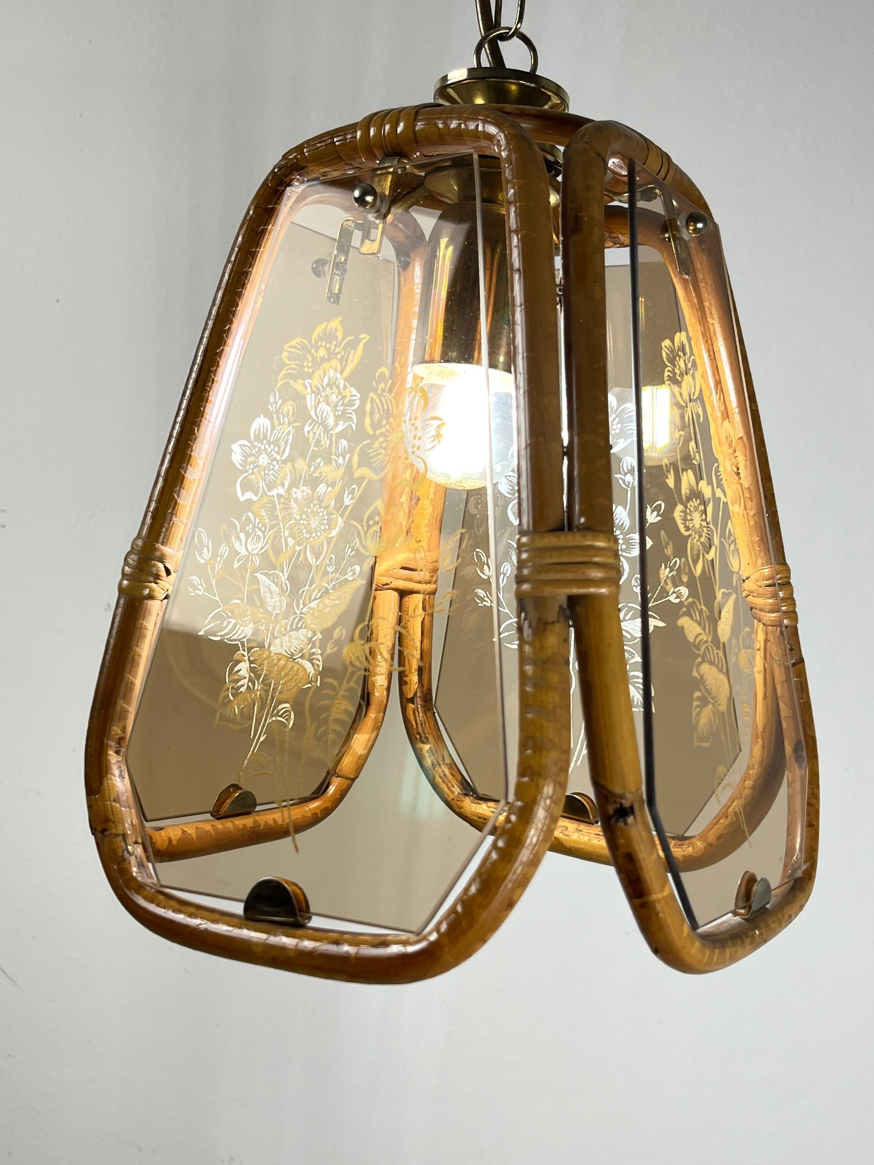 Italian Hand-Engraved Bamboo and Murano Glass Chandelier, Italy, 1950s For Sale