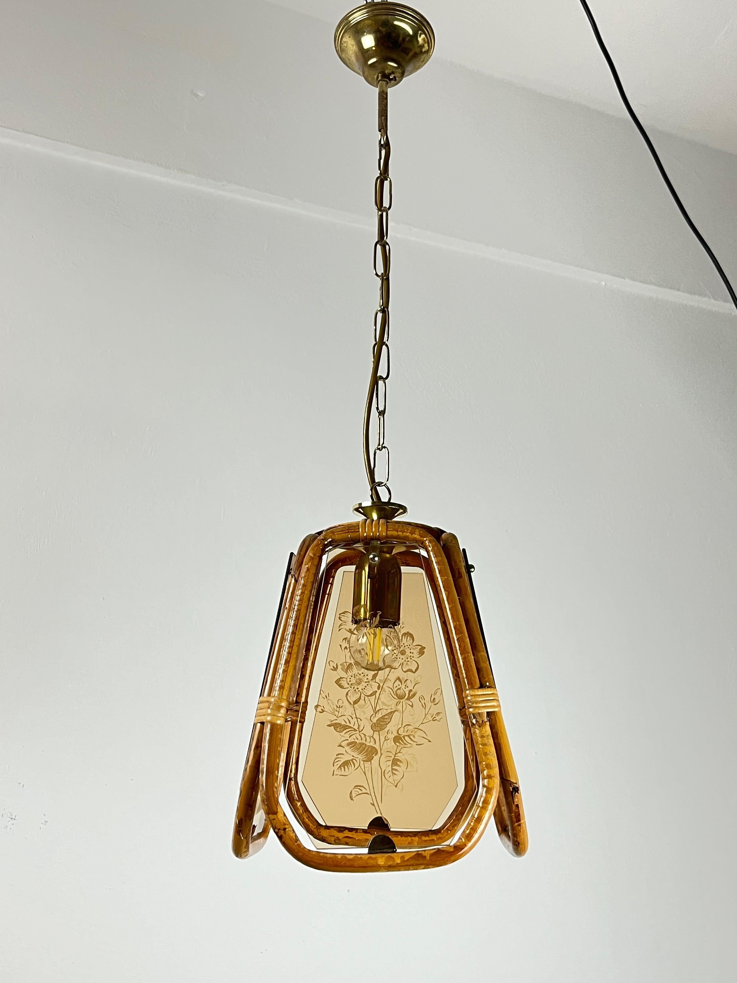 Handgravierter Kronleuchter aus Bambus und Murano-Glas, Italien, 1950er Jahre (Sonstiges) im Angebot