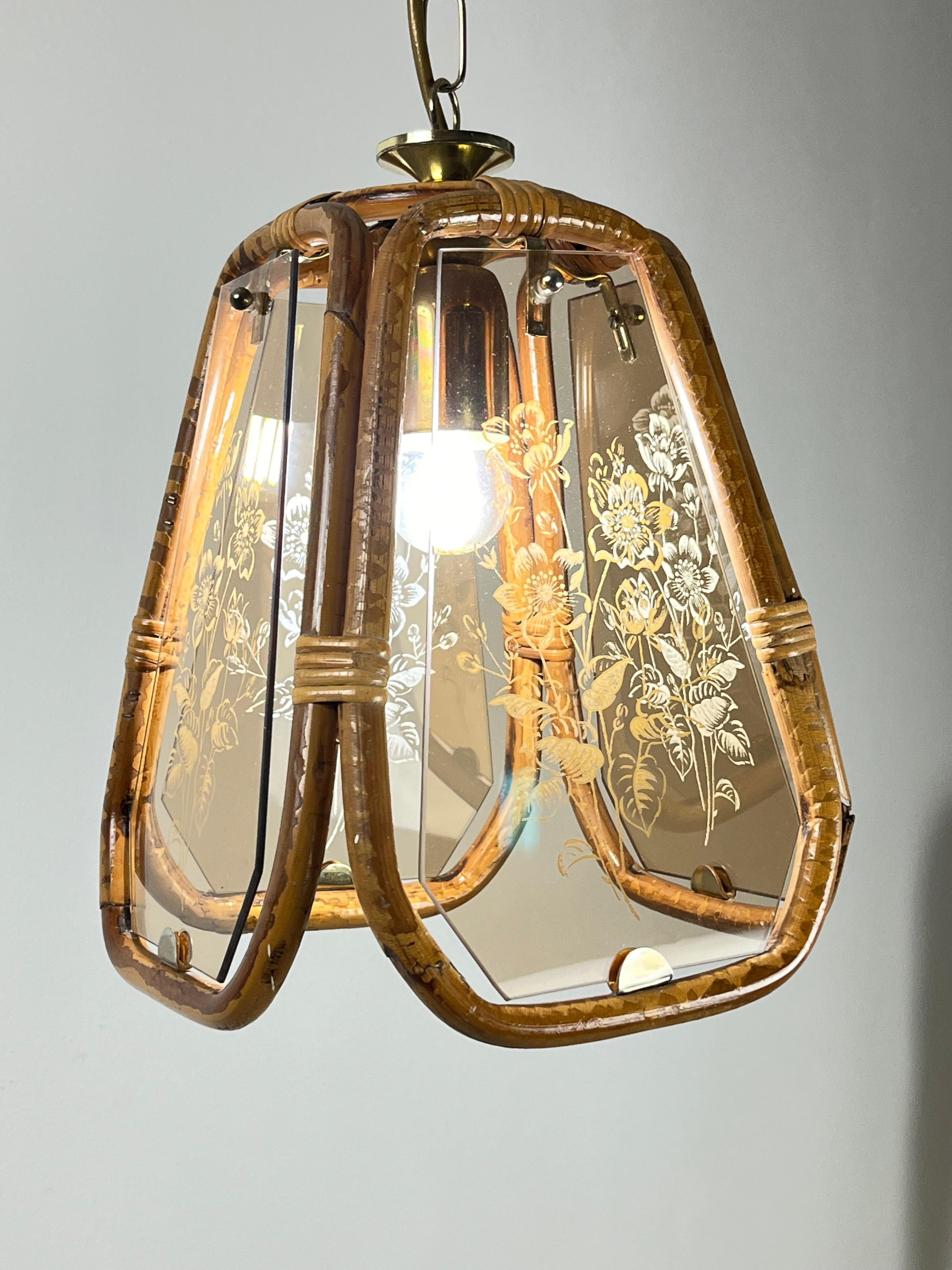 Hand-Engraved Bamboo and Murano Glass Chandelier, Italy, 1950s In Good Condition For Sale In Palermo, IT