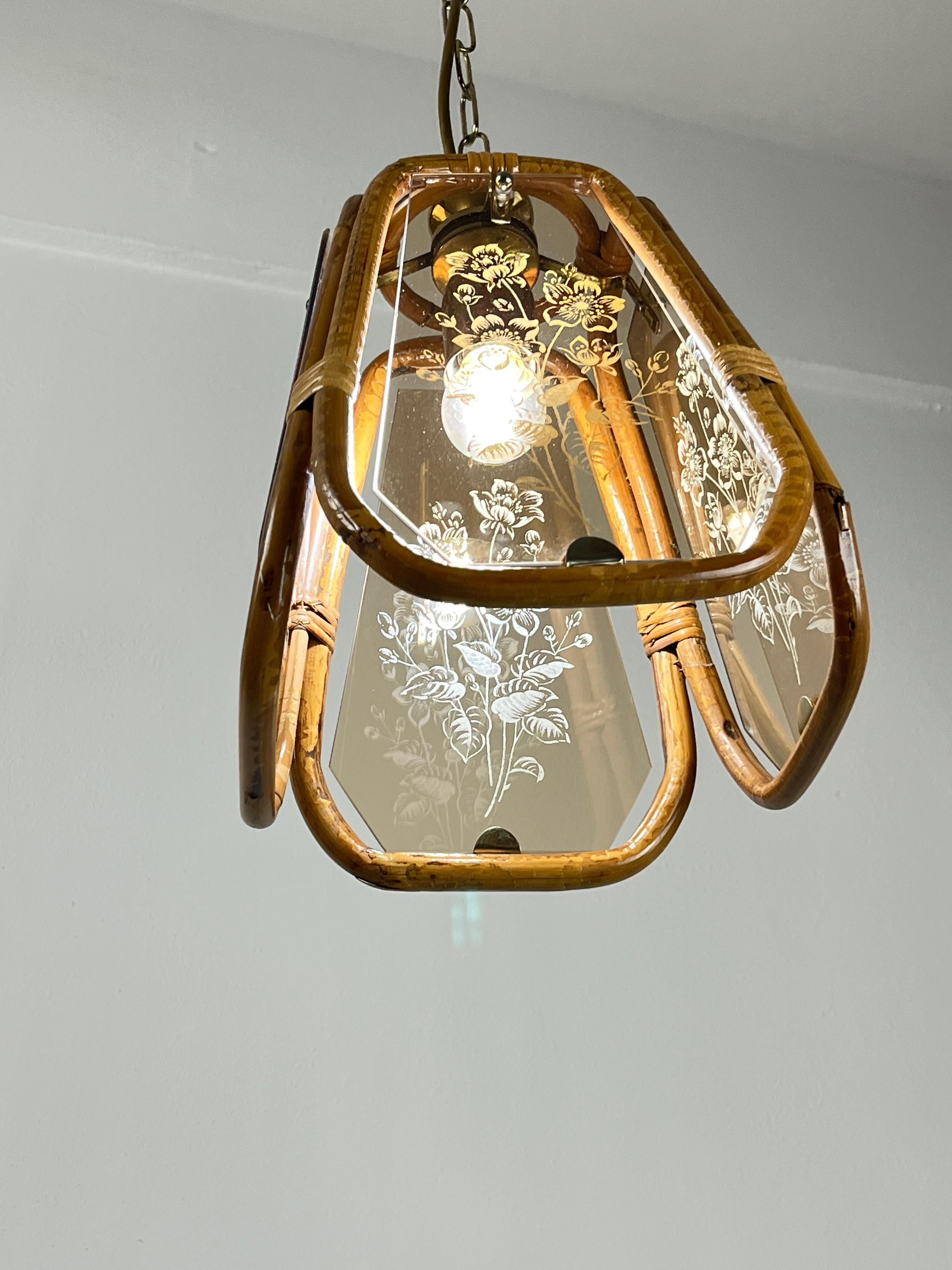 Mid-20th Century Hand-Engraved Bamboo and Murano Glass Chandelier, Italy, 1950s For Sale