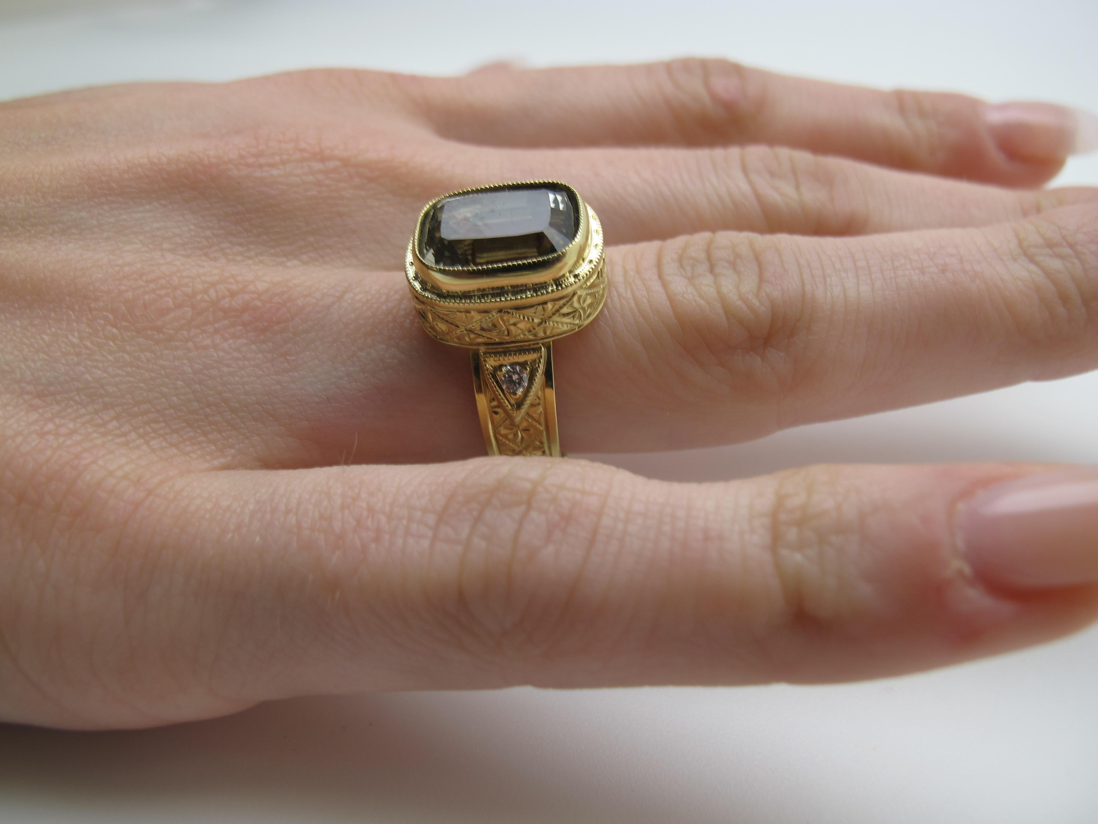 Artisan Hand Engraved, Bezel Set Topaz and Diamond 18 Karat Yellow Gold Ring