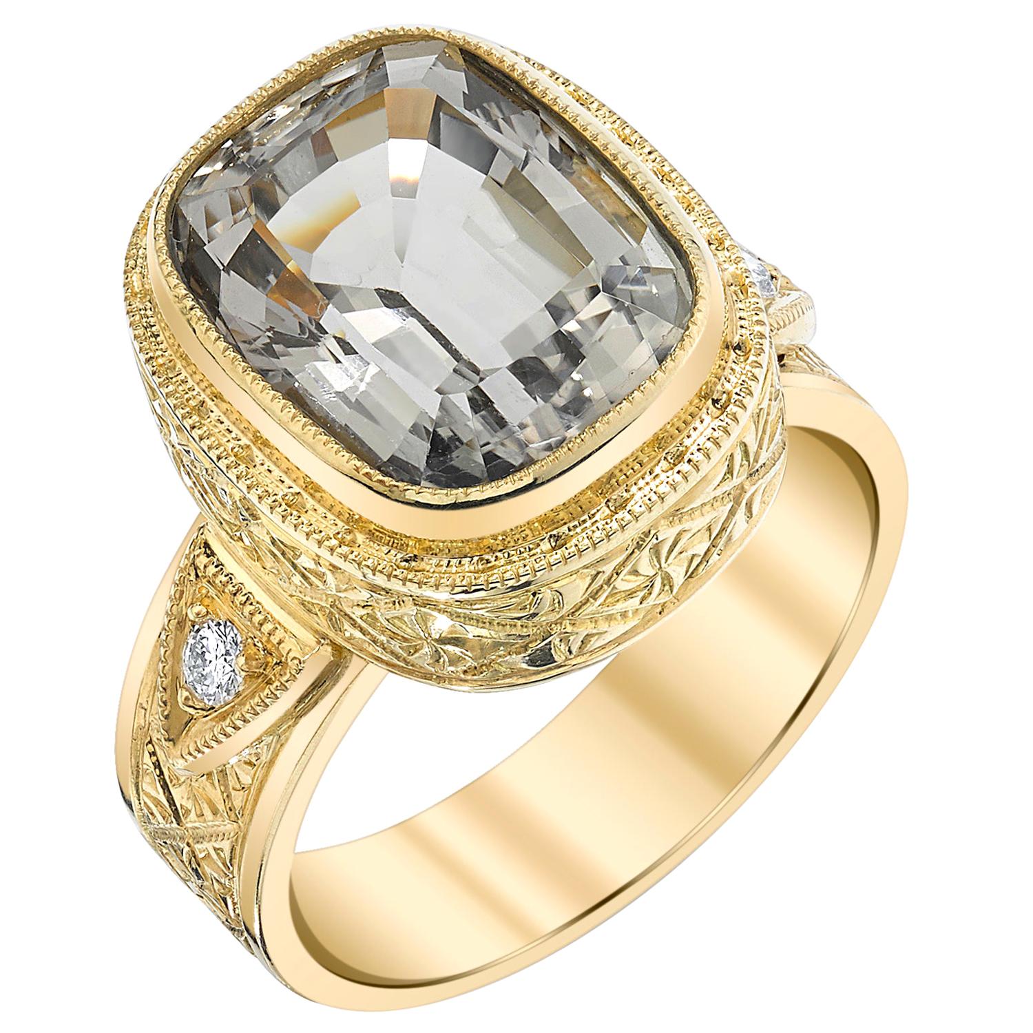 Hand Engraved, Bezel Set Topaz and Diamond 18 Karat Yellow Gold Ring