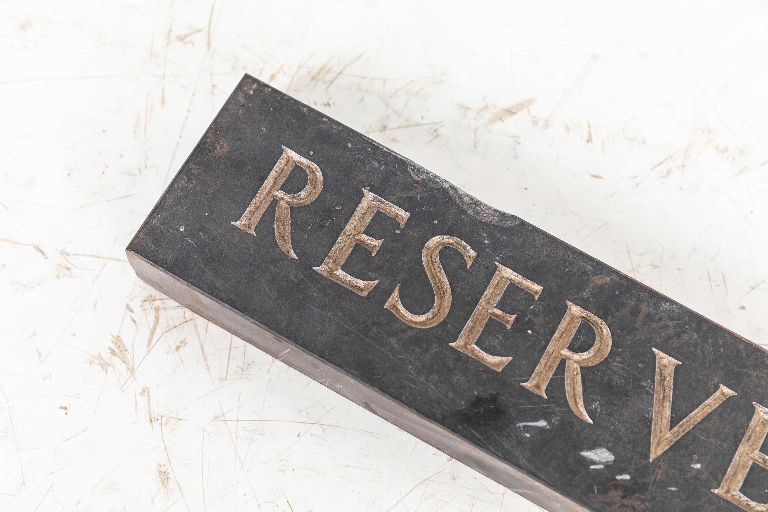 20th Century Hand Engraved Carved Industrial RESERVED Slate Sign Plaque, C.1920 For Sale