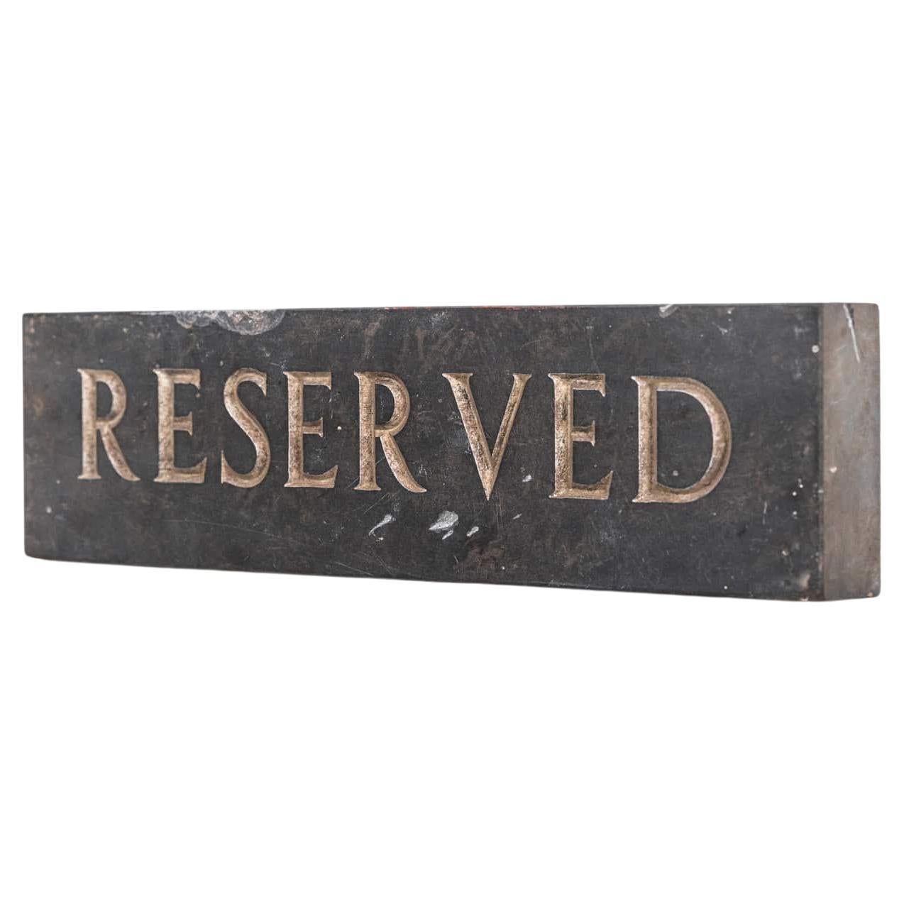 Hand Engraved Carved Industrial RESERVED Slate Sign Plaque, C.1920 For Sale