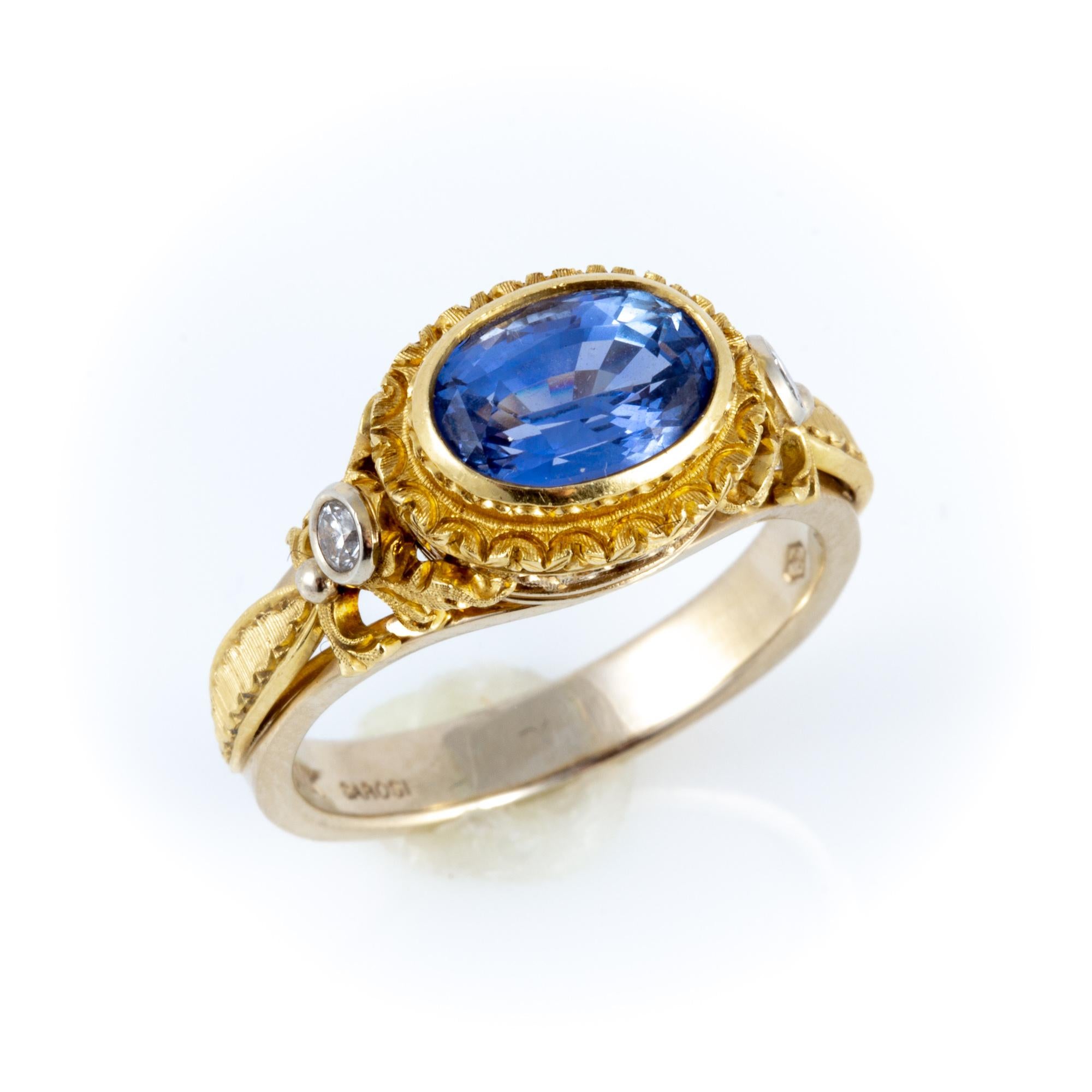 Women's or Men's Hand Engraved Ceylon Blue Sapphire and Diamond Ring Set in 18 Karat Gold For Sale