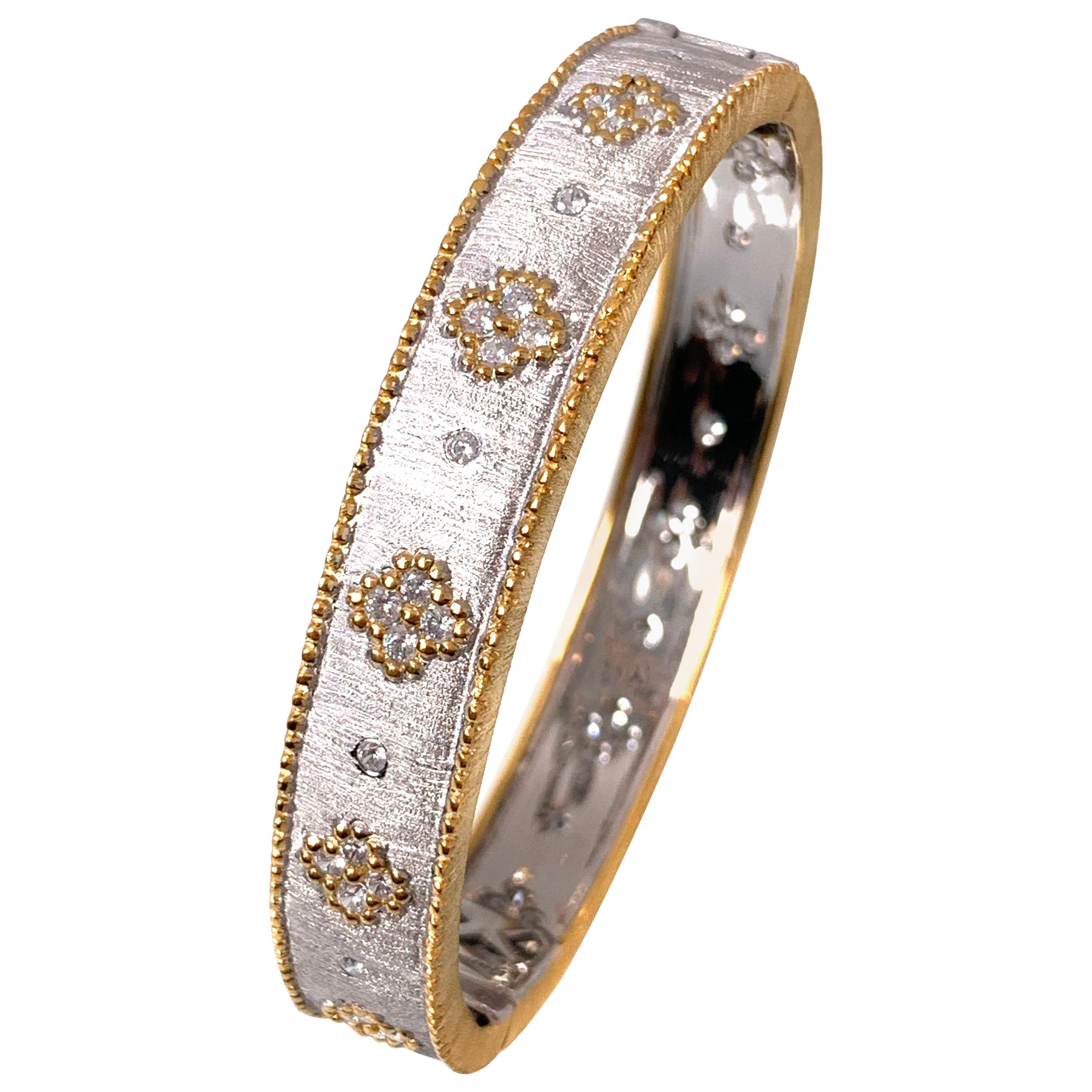 Hand-engraved Clover Pattern Two-tone Platinum-plated Silver Bangle Bracelet For Sale