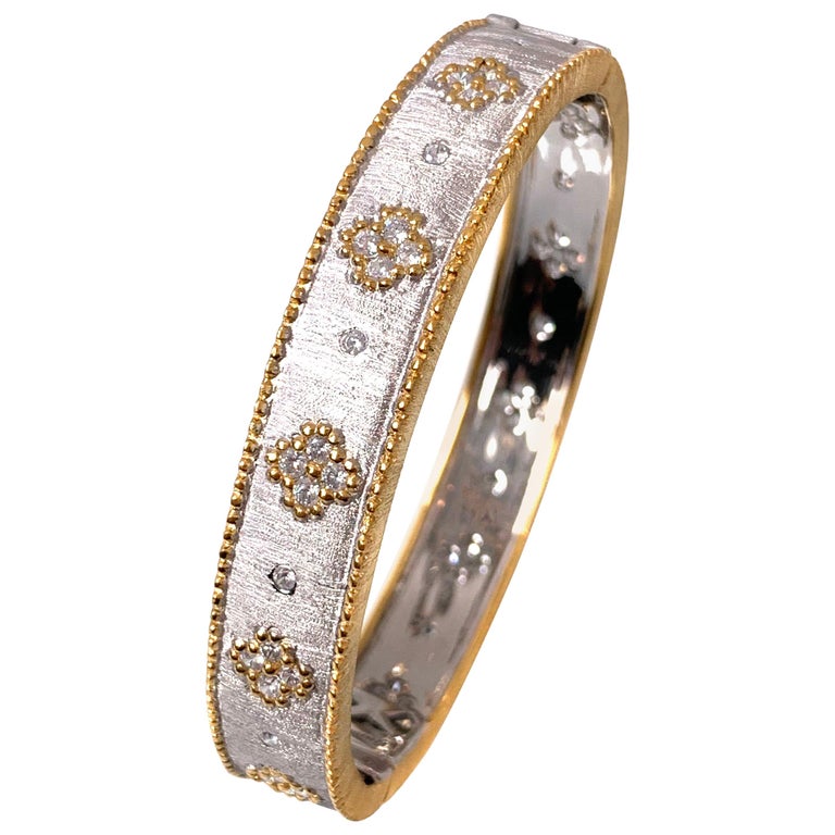 Hand-engraved Clover Pattern Two-tone Platinum-plated Silver Bangle  Bracelet For Sale at 1stDibs | open bangle, two tone bracelets, womens gold  bangle bracelets