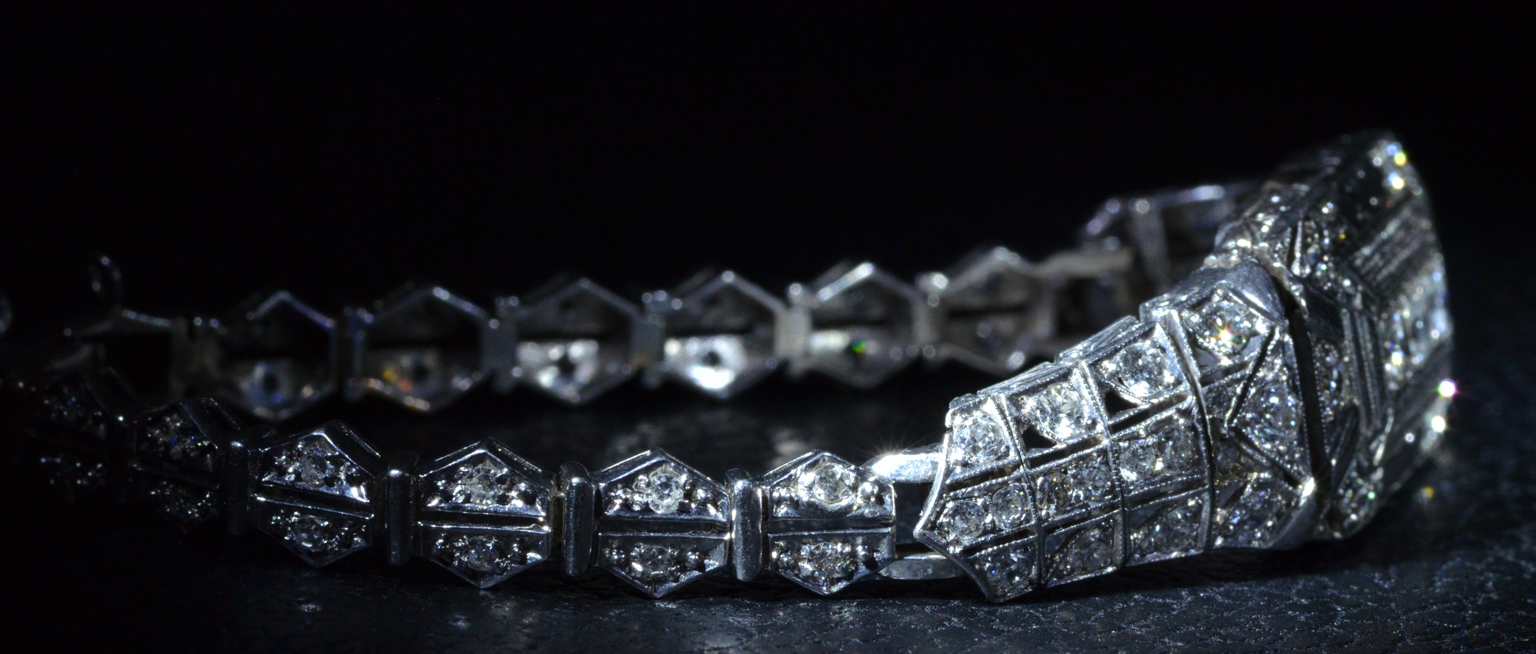 Old European Cut Hand Engraved Filigree Bracelet Set with 2 Carat Total Weight in Diamonds For Sale